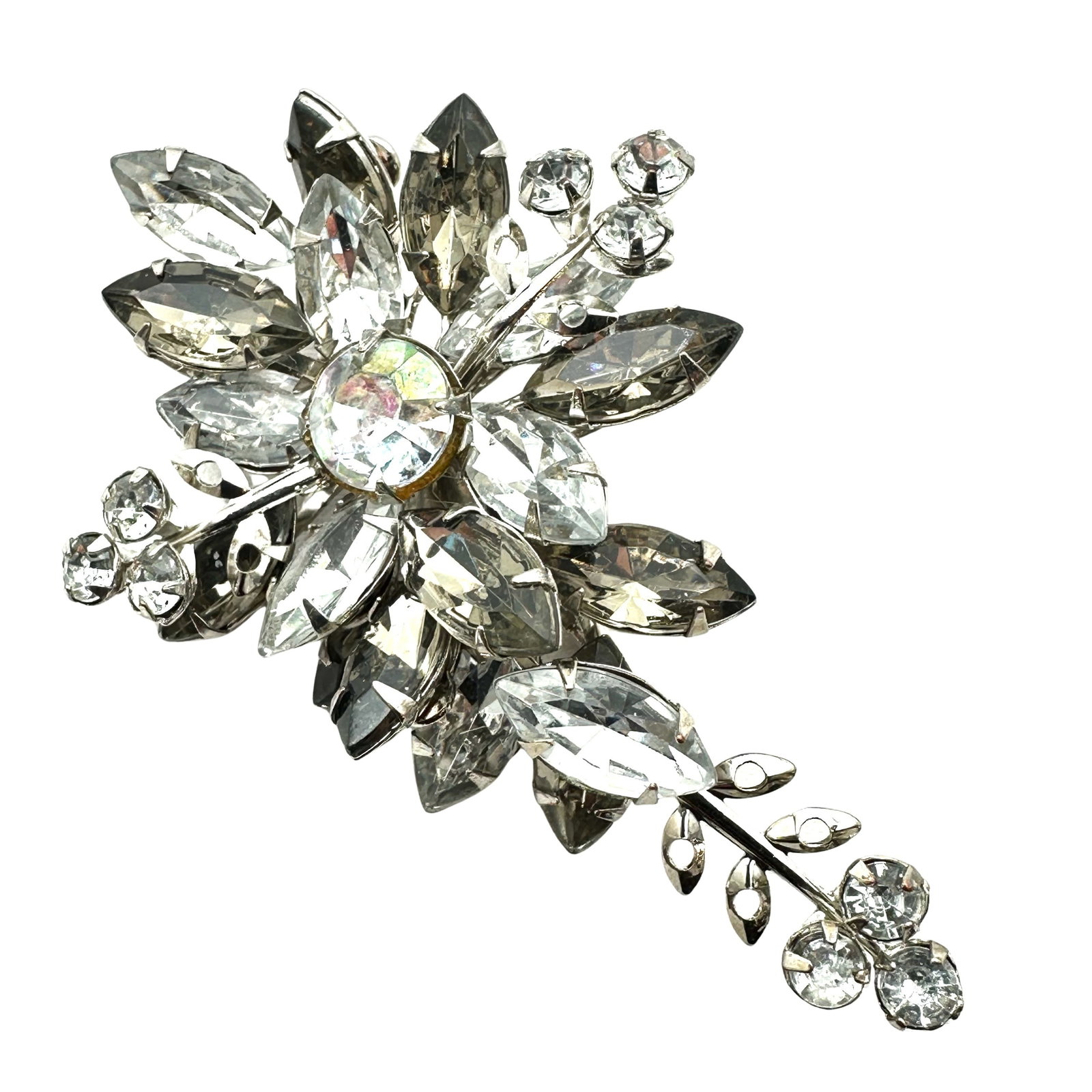 Vintage Clear & Grey Glass Rhinestone Silver Tone Brooch Pin 2.5 Inch: Vintage Clear & Grey Glass Rhinestone Silver Tone Brooch Pin 2.5 Inch