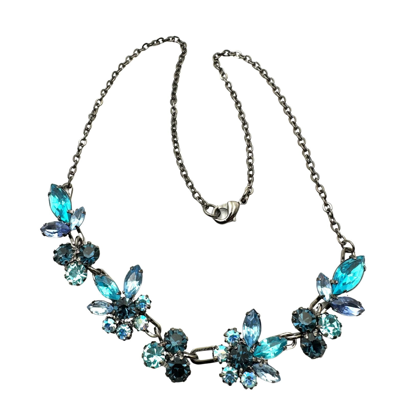 Vintage Blue Glass Rhinestone Japanned Metal Necklace 16 Inch: Vintage Blue Glass Rhinestone Japanned Metal Necklace 16 Inch