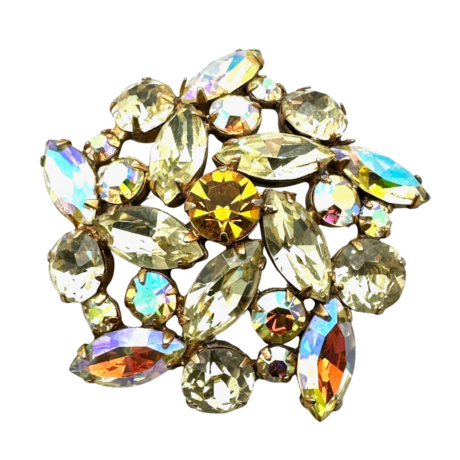 Vintage Yellow Amber Glass Rhinestone Antiqued Gold Tone Brooch Pin 2 Inch: Vintage Yellow Amber Glass Rhinestone Antiqued Gold Tone Brooch Pin 2 Inch