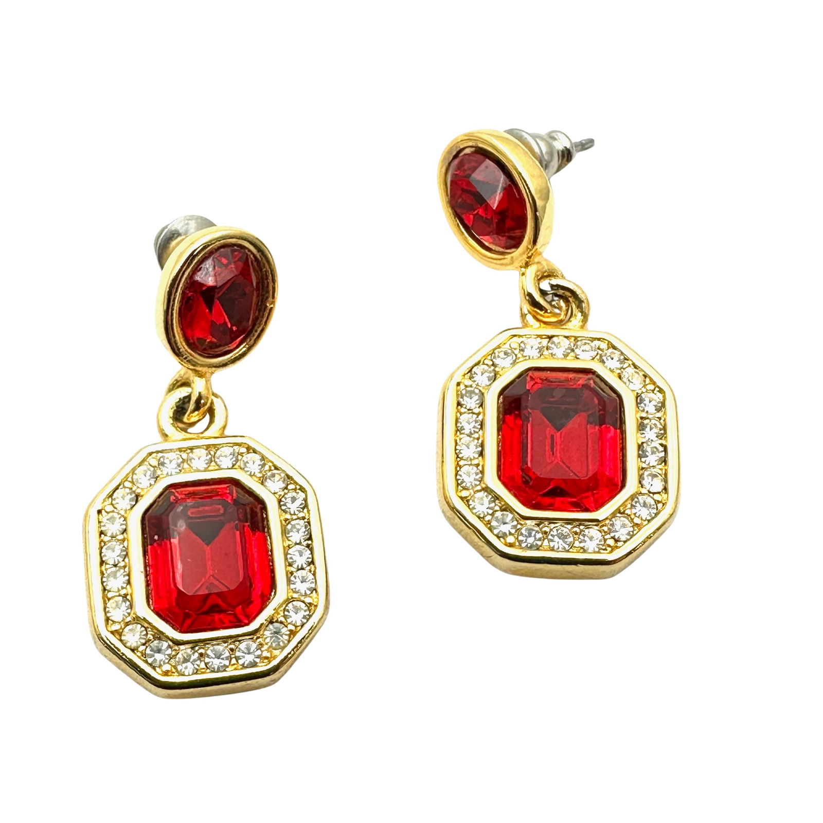 Vintage 1980s Era Swarovski Red Clear Crystal Gold Tone Pierced Chandelier Earrings 1.25 Inch (1 of 2)