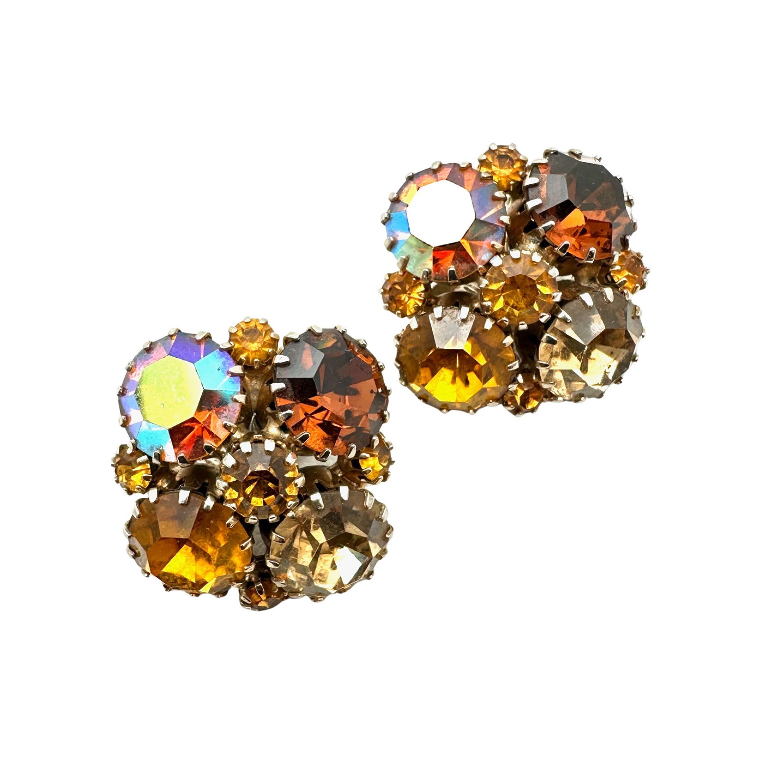 Vintage Karu Orange Amber Glass Rhinestone Gold Tone Clip Earrings 1 Inch: Vintage Karu Orange Amber Glass Rhinestone Gold Tone Clip Earrings 1 Inch