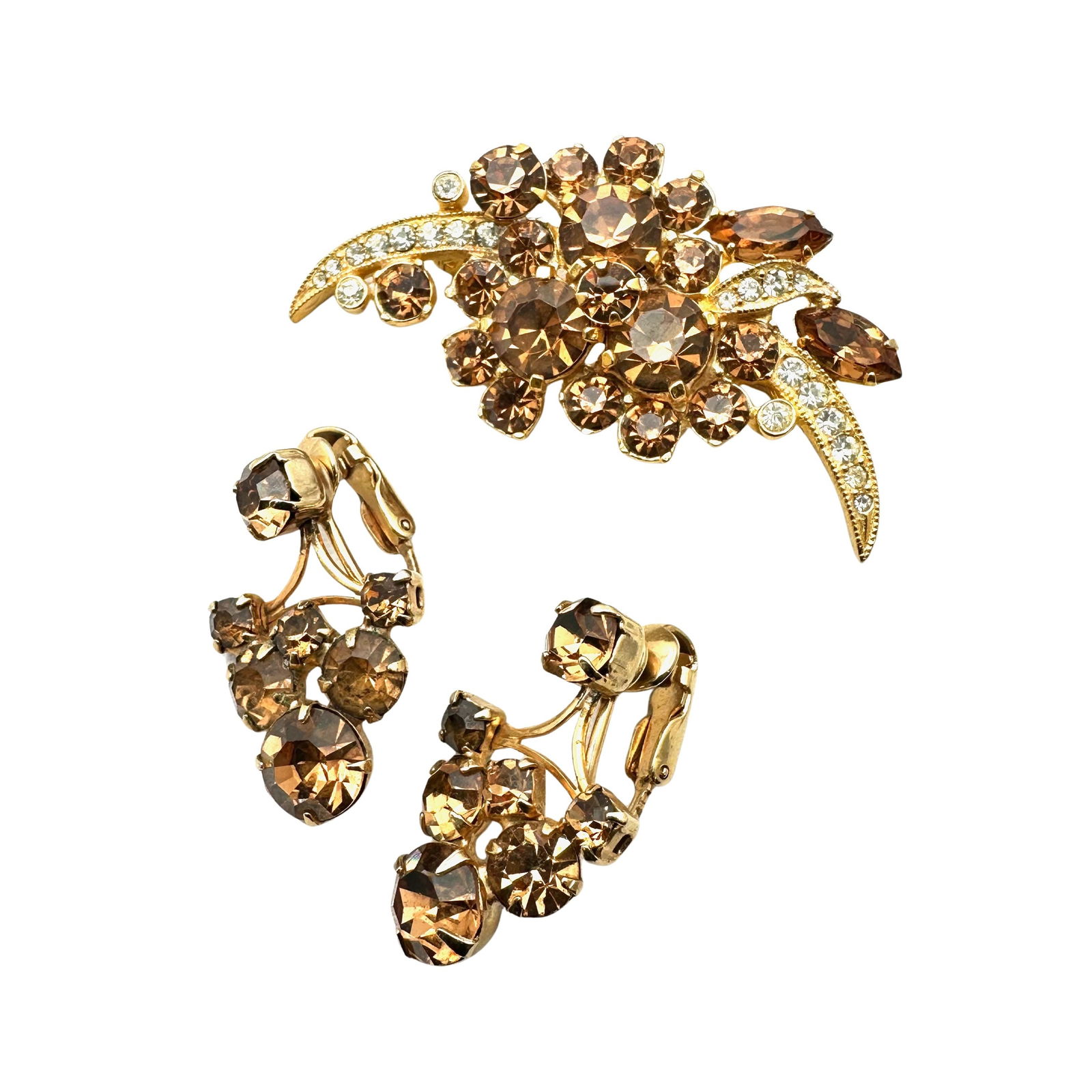 Vintage Eisenberg Ice Amber Clear Glass Rhinestone Gold Tone 2 Inch Brooch 1 Inch  Clip Earrings Set (1 of 1)
