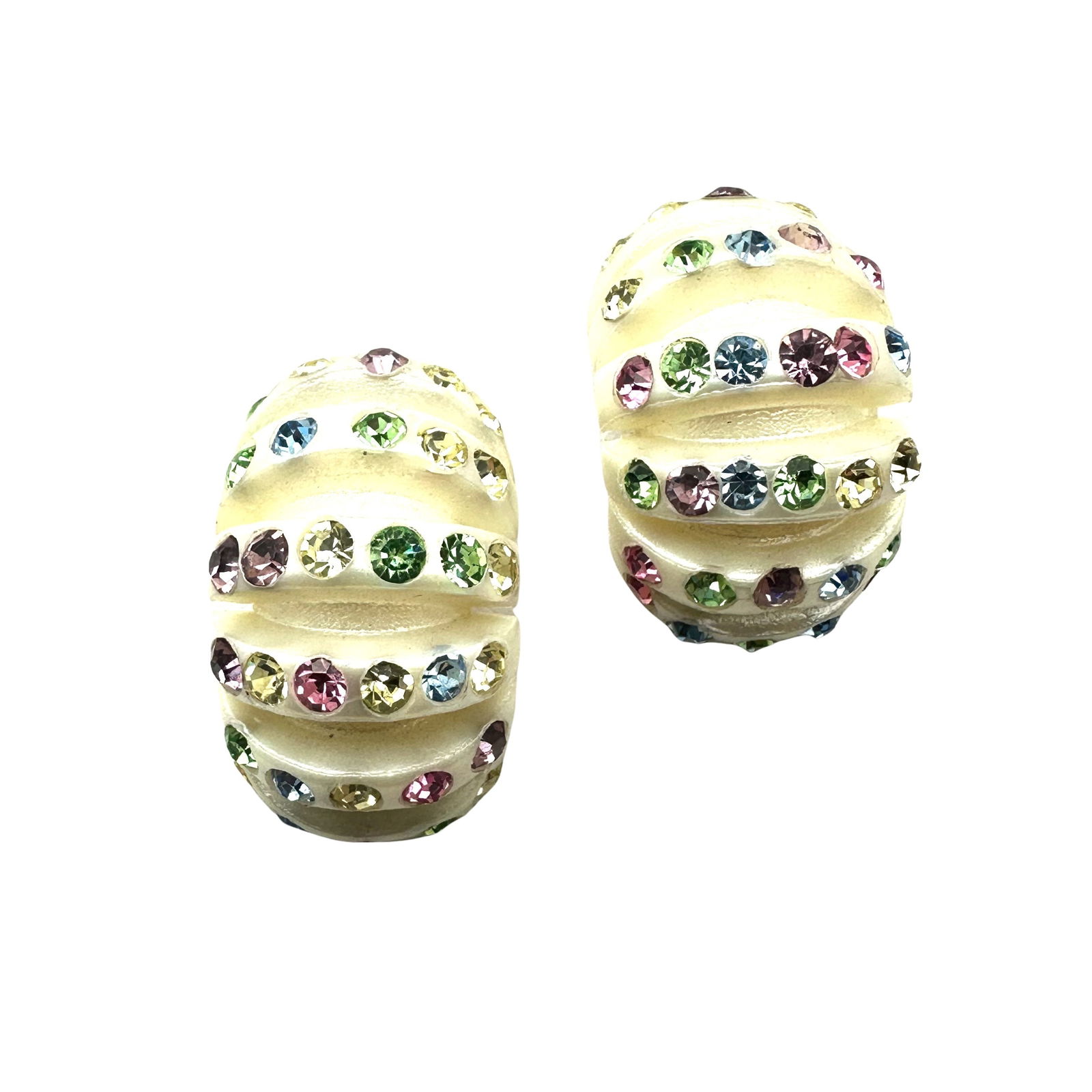 Vintage Cream Lucite Pastel Rhinestone Clip Earrings 1.25 Inch: Vintage Cream Lucite Pastel Rhinestone Clip Earrings 1.25 Inch