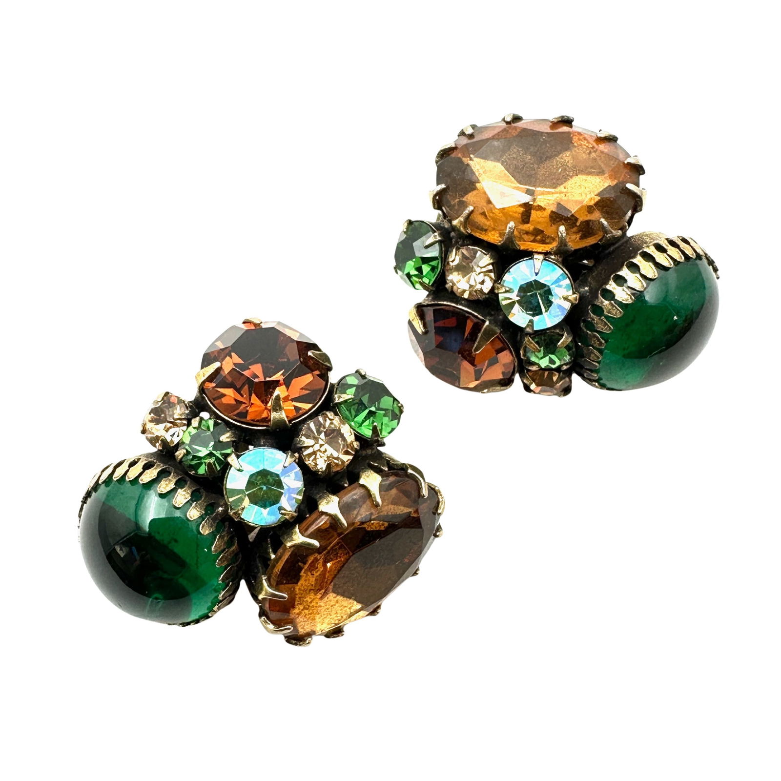 Vintage Juliana? Green Amber Aurora Borealis Antiqued Gold Tone Clip Earrings 1.25 Inch: Vintage Juliana? Green Amber Aurora Borealis Antiqued Gold Tone Clip Earrings 1.25 Inch