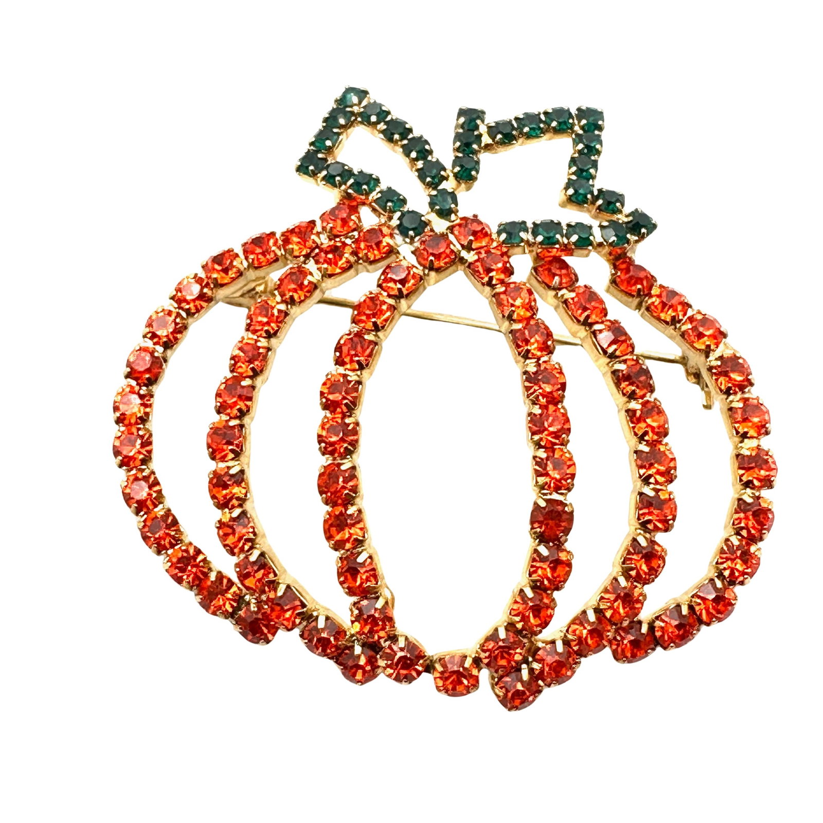 Vintage Orange Green Glass Rhinestone Pumpkin Brooch 2 Inch Fall Halloween Autumn: Vintage Orange Green Glass Rhinestone Pumpkin Brooch 2 Inch Fall Halloween Autumn