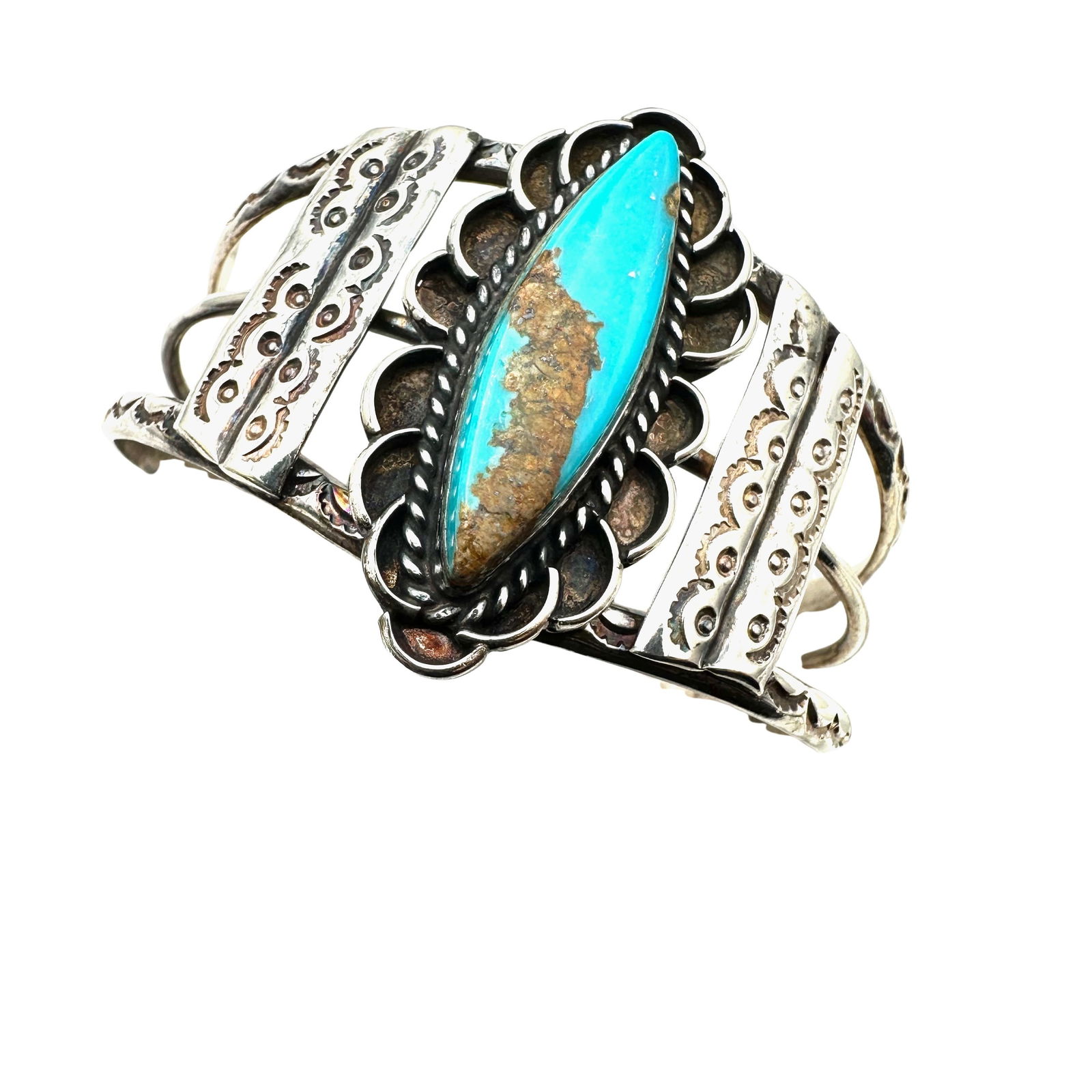 Vintage Native American Turquoise Sterling Silver Cuff Bracelet 26 Grams Adjustable Set at 6.5 Inch (1 of 2)