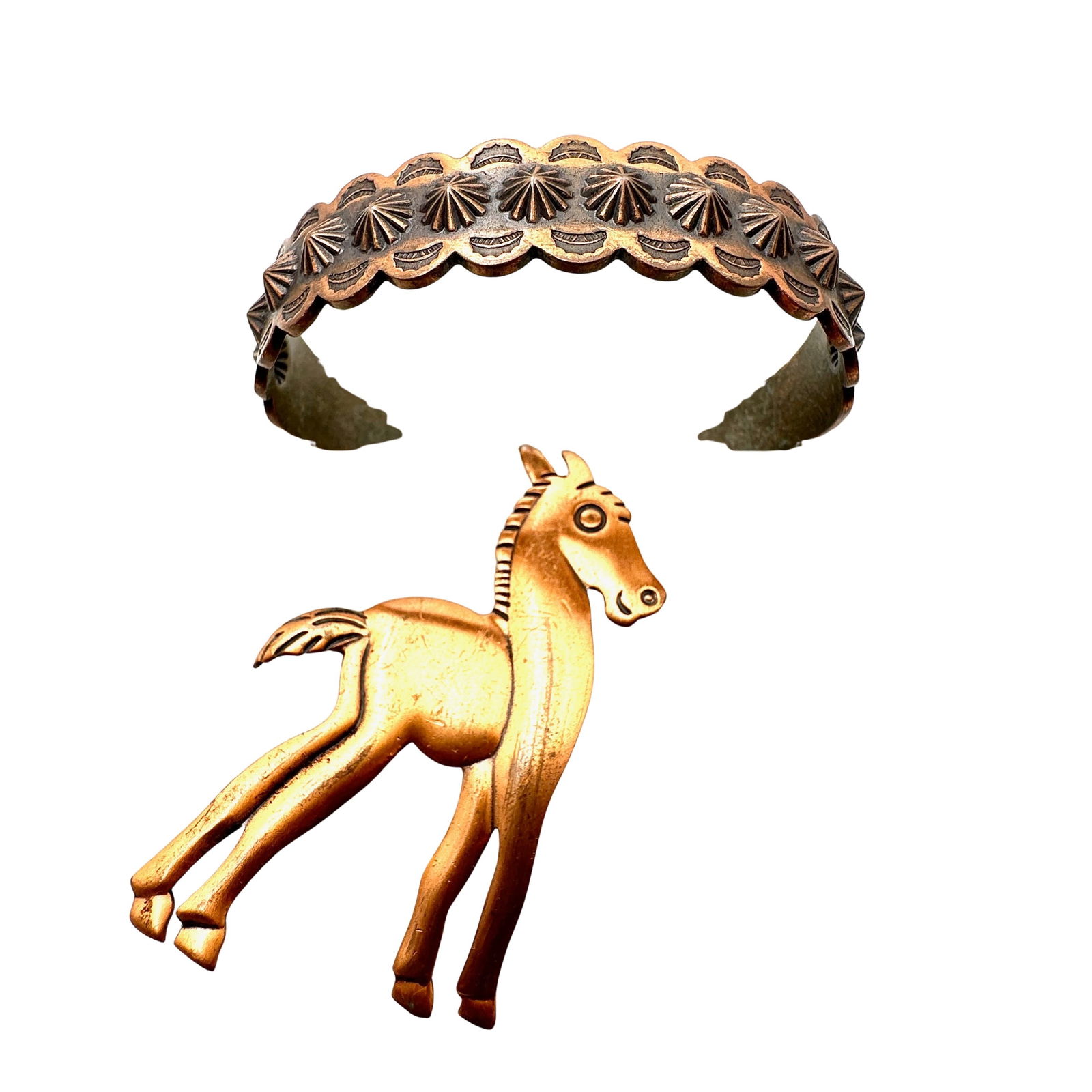 Vintage American Southwest Copper Cuff Bracelet Horse Brooch Pin (1 of 2)