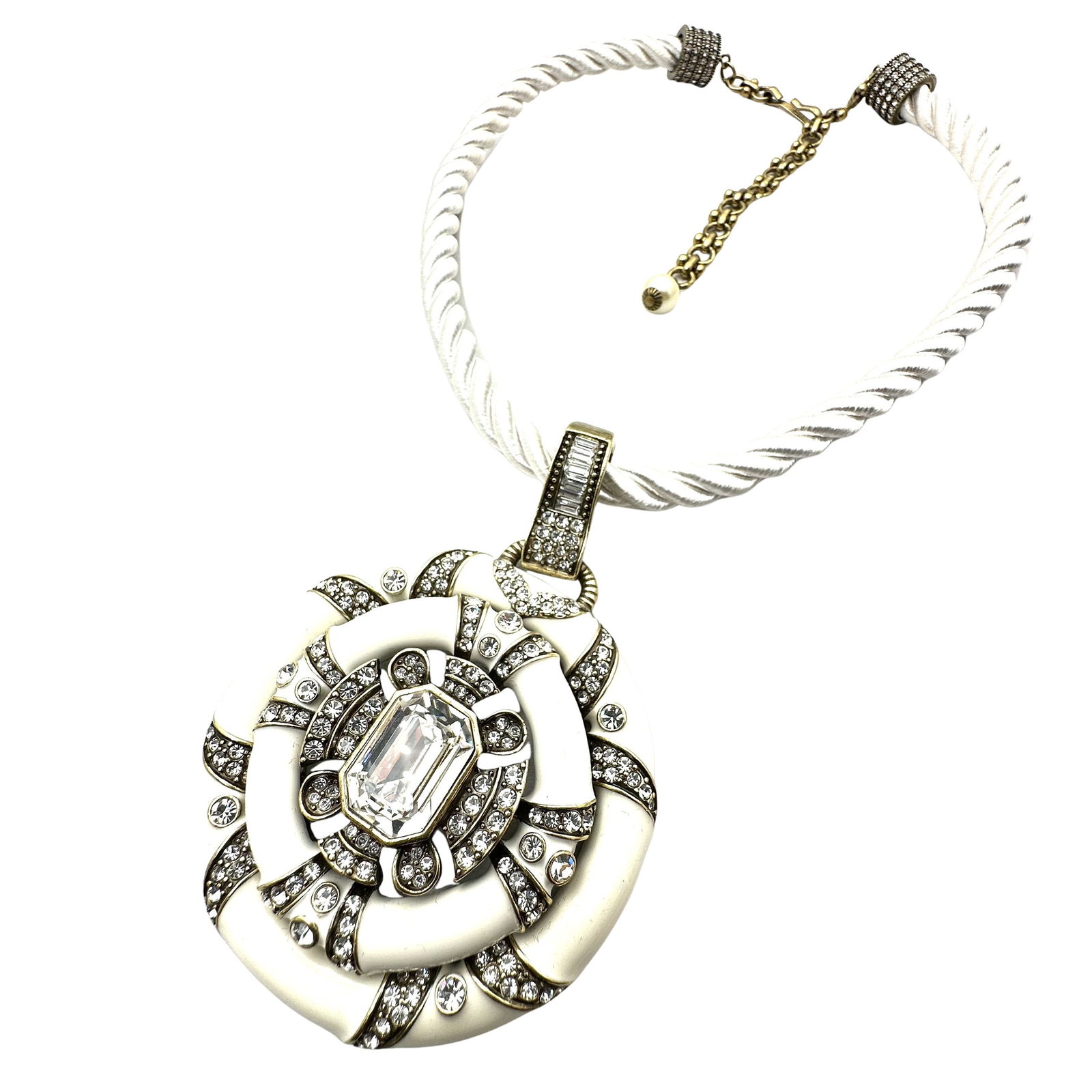 Heidi Daus Large Cream Enamel Clear Crystal Pendant Necklace Silk Cord 16 to 18 Inch (1 of 2)