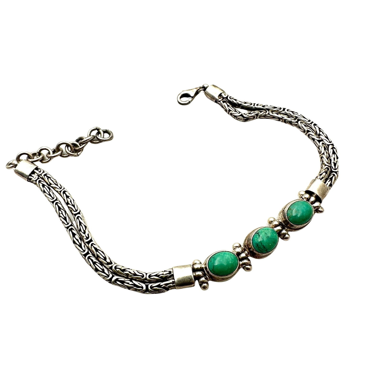 Green Turquoise Sterling Silver Bracelet Fits Up to 8.5 Inch Indonesian Design: Green Turquoise Sterling Silver Bracelet Fits Up to 8.5 Inch Indonesian Design