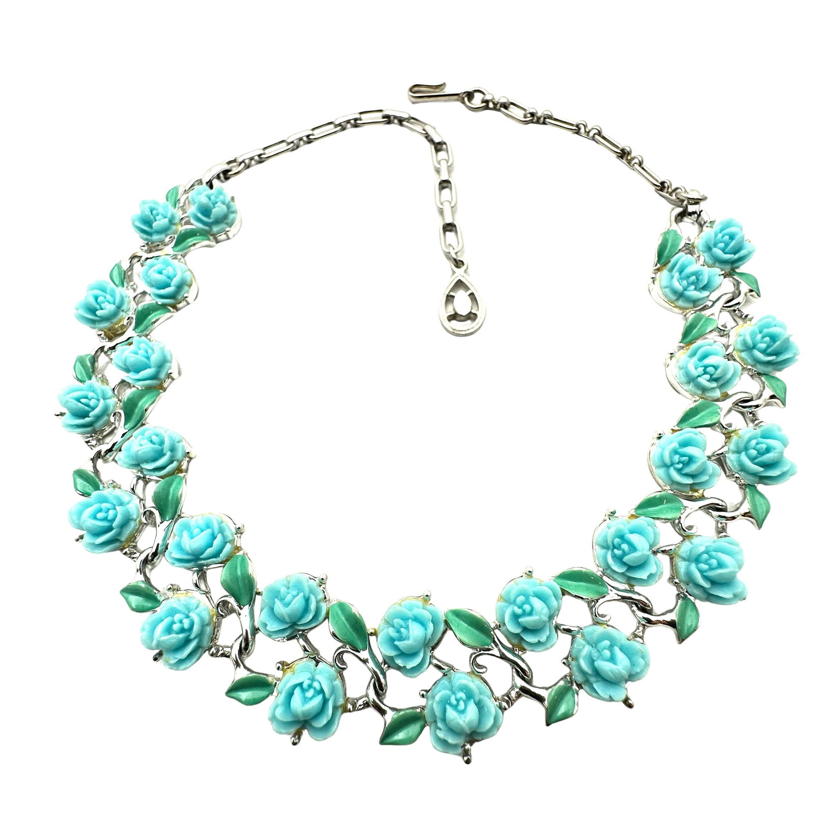 Vintage Blue Lucite Flowers Green Enamel Silver Tone Necklace 16 Inch: Vintage Blue Lucite Flowers Green Enamel Silver Tone Necklace 16 Inch