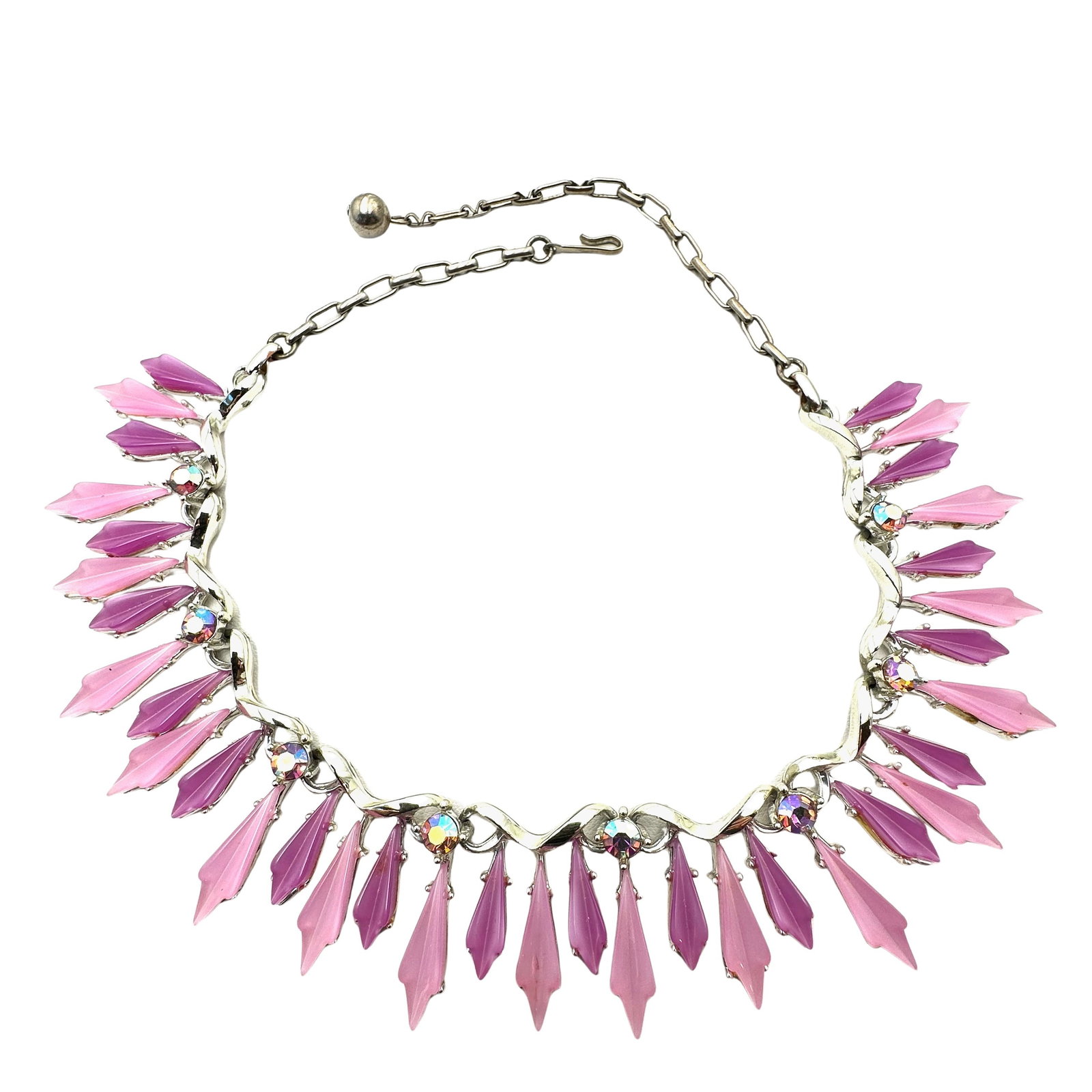 Vintage Pink Purple Thermoset Aurora Borealis Rhinestone Gold Tone Necklace 16 Inch: Vintage Pink Purple Thermoset Aurora Borealis Rhinestone Gold Tone Necklace 16 Inch