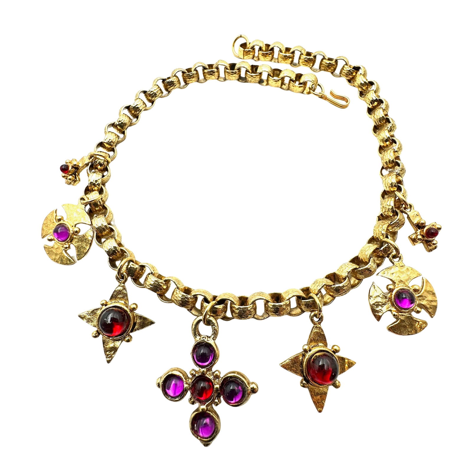 Vintage Multicolor Glass Cabochon Gold Tone Charm Necklace Maltese Cross Star Fancy Chain 16 Inch (1 of 2)