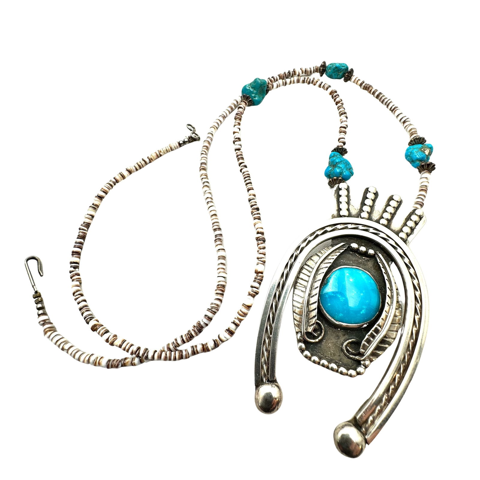 Vintage Native American Turquoise Sterling Silver 3 Inch Pendant Necklace Shell Turquoise Bead 54: Vintage Native American Turquoise Sterling Silver 3 Inch Pendant Necklace Shell Turquoise Bead 54 Grams