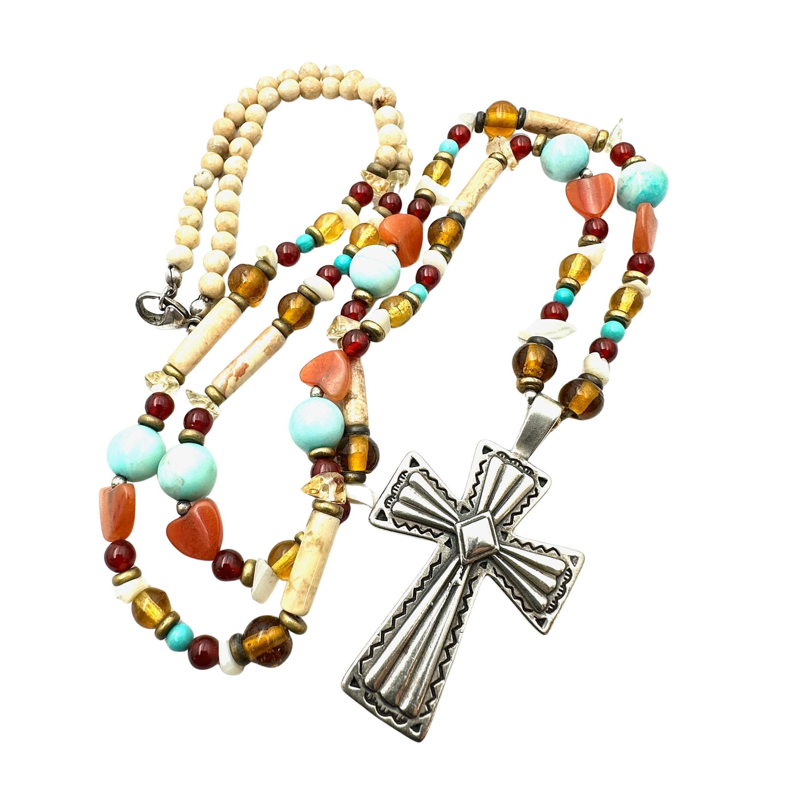 American Southwest Sterling Silver Cross 2 Inch Pendant Gemstone Bead Necklace 26 Inch (1 of 2)