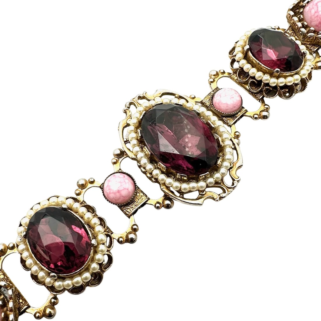 Vintage Pink Speckled Glass Cabochons Purple Glass Rhinestones Gold Tone Book Chain Bracelet 7 Inch: Vintage Pink Speckled Glass Cabochons Purple Glass Rhinestones Gold Tone Book Chain Bracelet 7 Inch