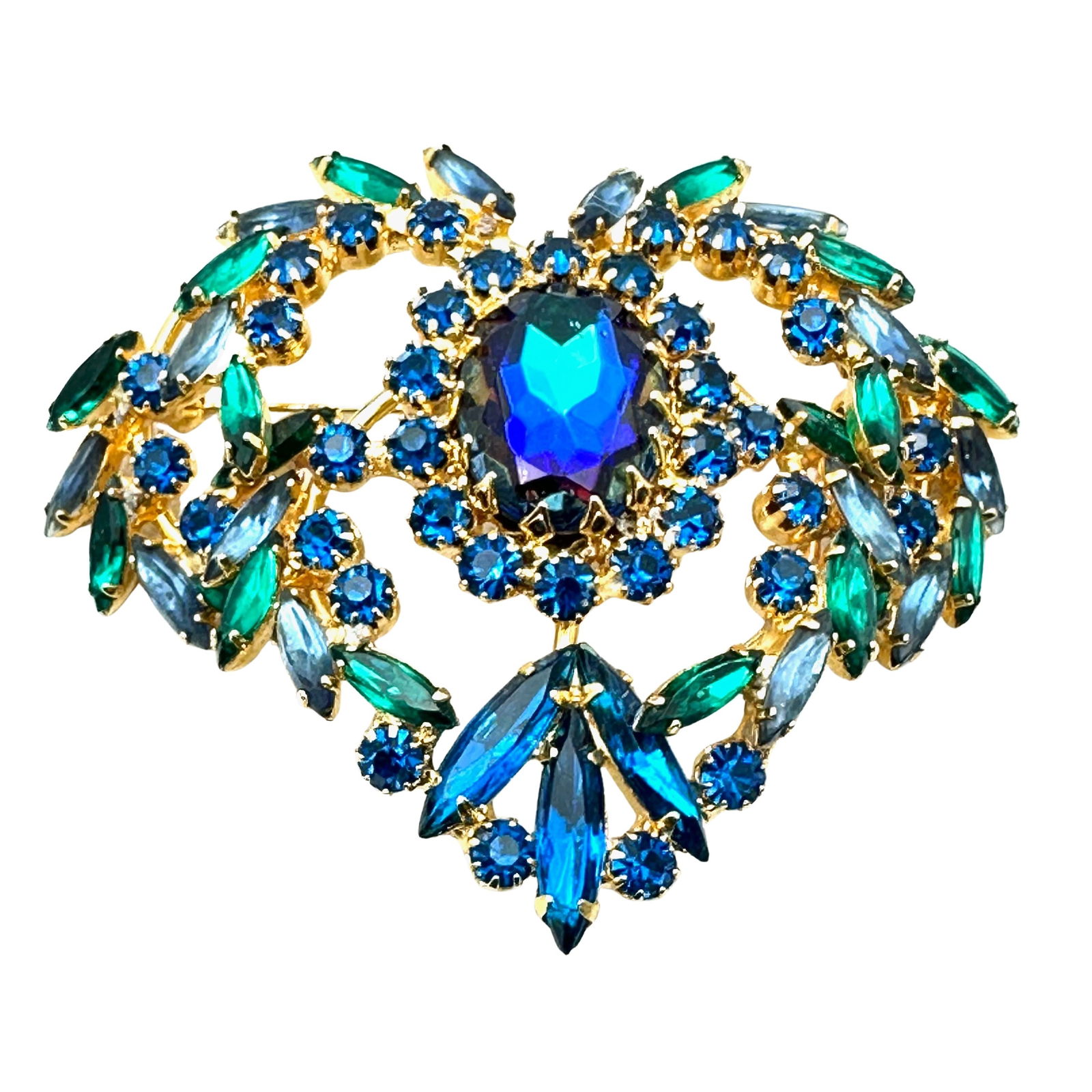 Vintage Rivoli Glass Rhinestone Blue Green Gold Tone Statement Brooch Pin 2.5 Inch (1 of 2)
