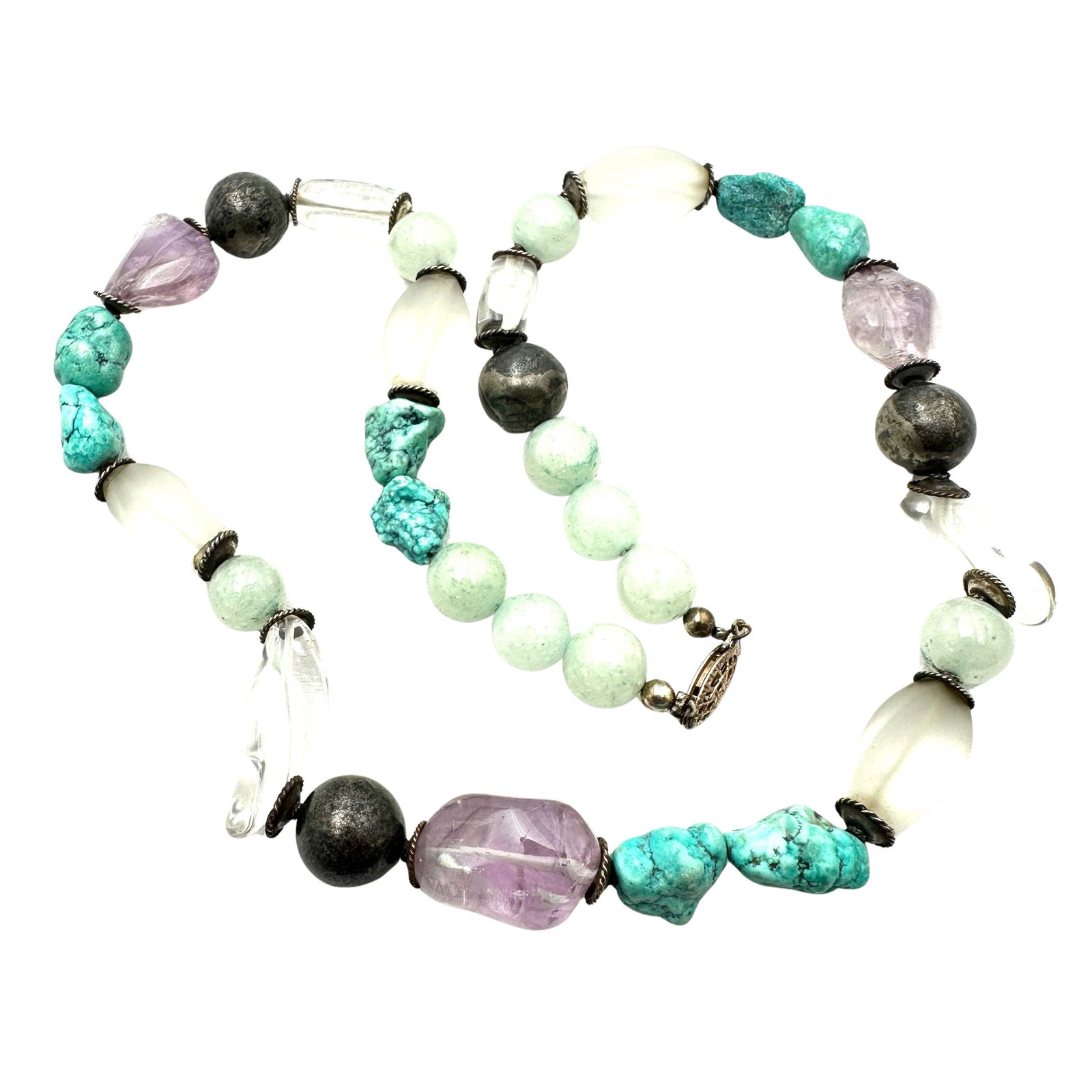Vintage Turquoise Amethyst Multi Gemstone Sterling Silver Necklace 18 Inch (1 of 2)