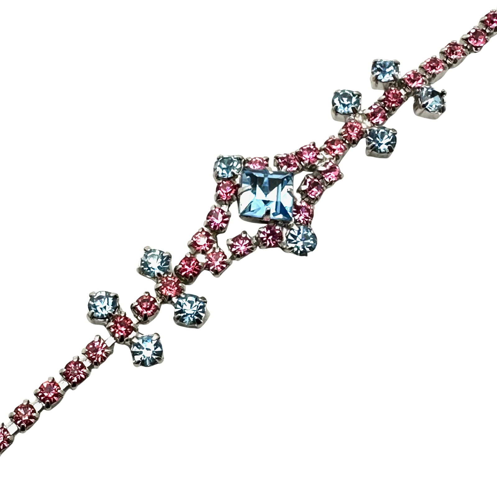 Vintage Pink Blue Glass Rhinestone Silver Tone Bracelet 6.5 Inch Pristine Condition (1 of 3)
