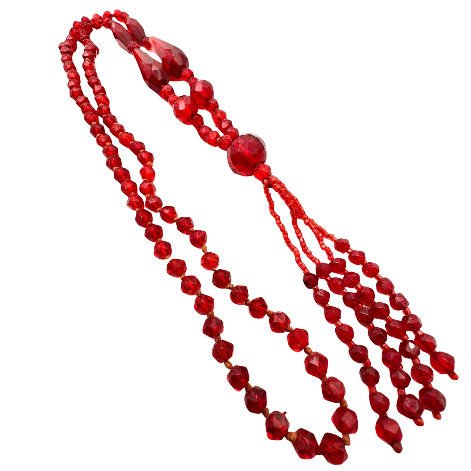 Antique Art Deco Red Glass Bead Hand Knotted Flapper Necklace 34 Inch Plus Pendant: Antique Art Deco Red Glass Bead Hand Knotted Flapper Necklace 34 Inch Plus Pendant