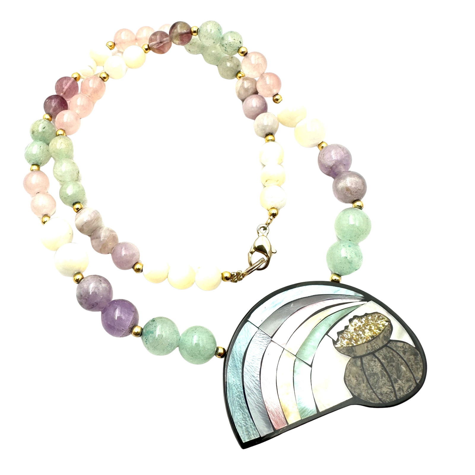 Vintage Lee Sands Inlay Gemstone Gold End of Rainbow Pendant Multi Gemstone Bead Necklace 22 Inch (1 of 2)