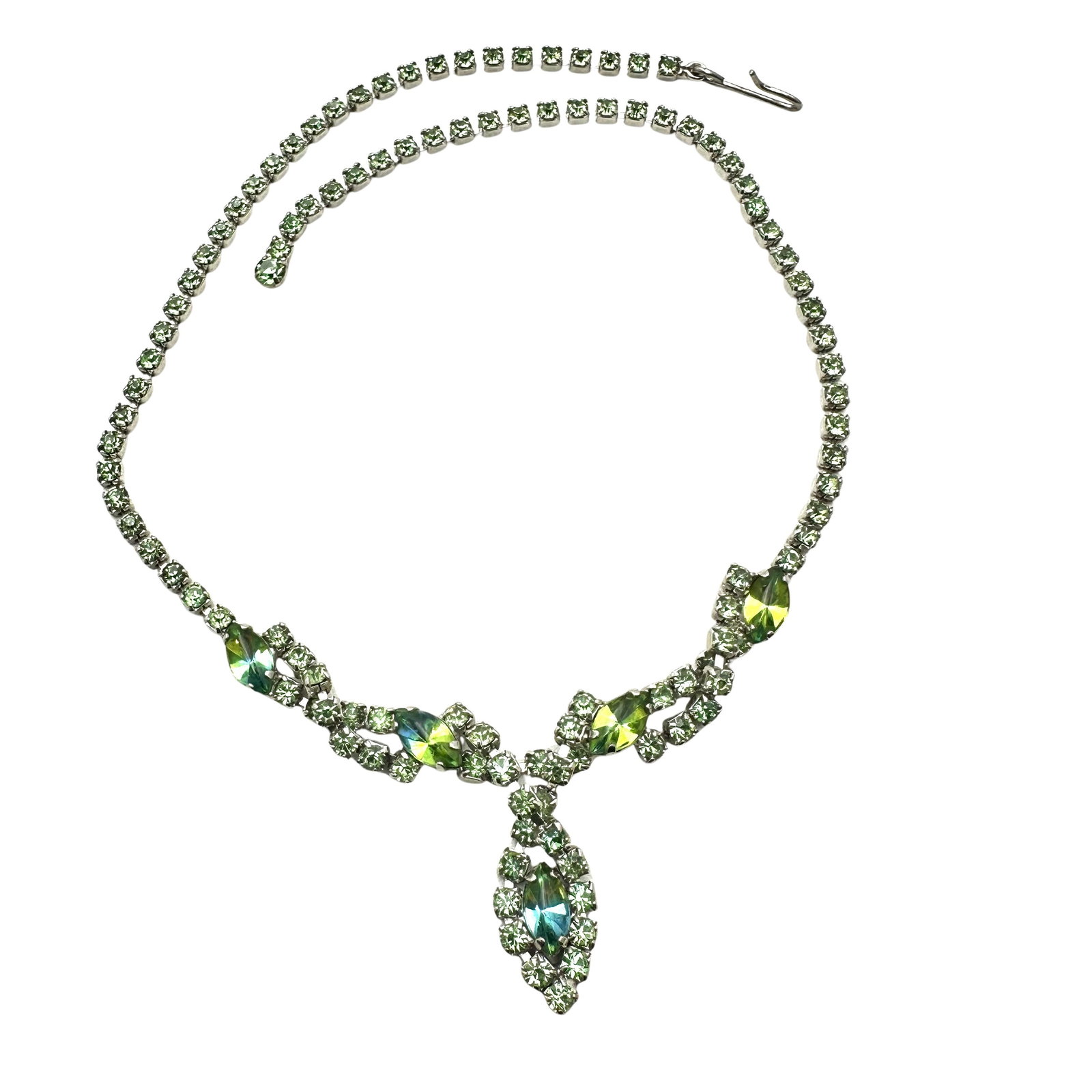 Vintage Blue Green Givre Glass Rhinestone Silver Tone Necklace 15 Inch: Vintage Blue Green Givre Glass Rhinestone Silver Tone Necklace 15 Inch