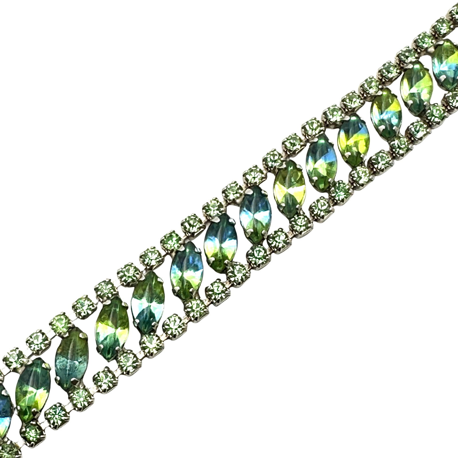 Vintage Blue Green Givre Glass Rhinestone Silver Tone Bracelet 6.5 Inch (1 of 3)