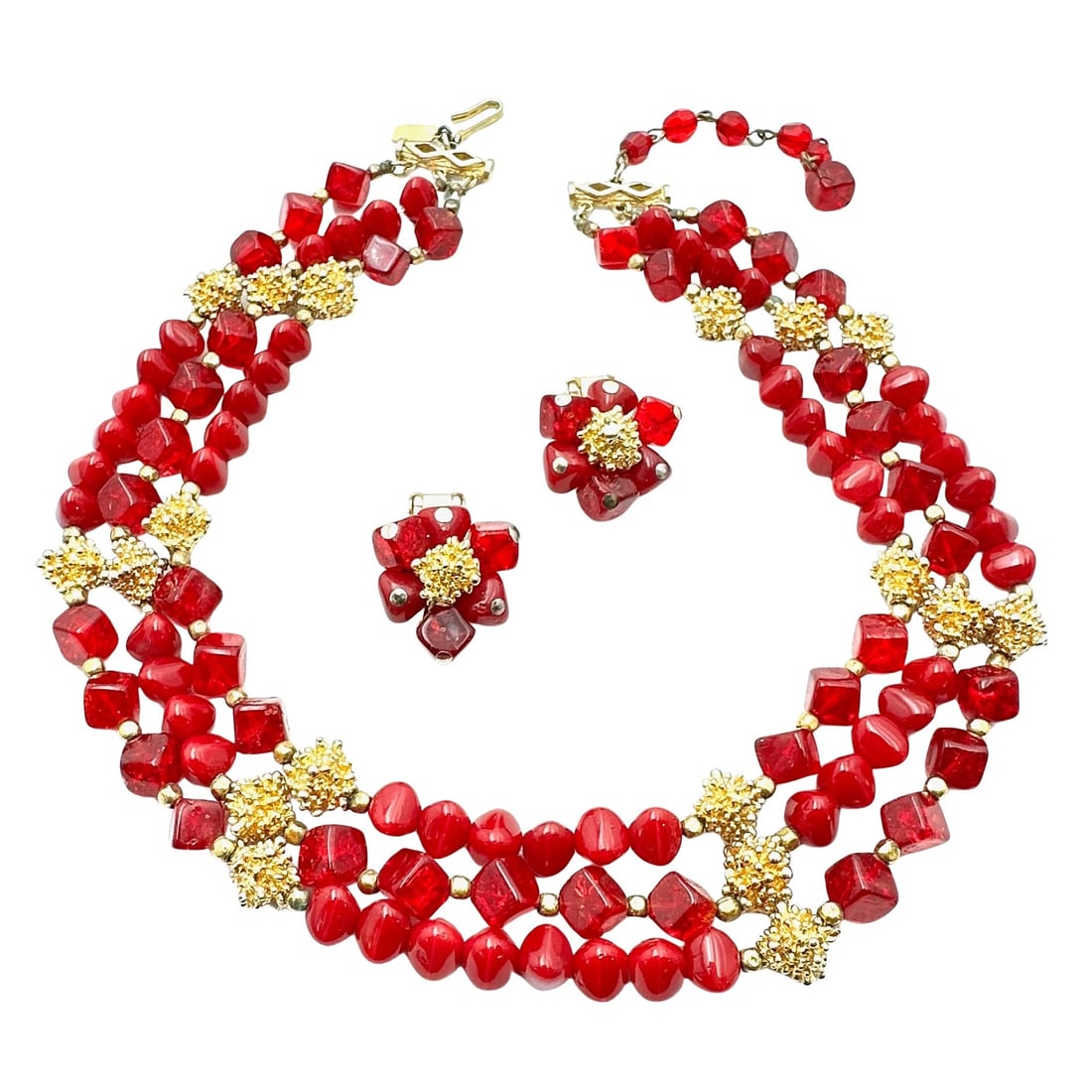Vintage Hattie Carnegie Red Glass Gold Tone Multi Strand Necklace 15 to 17 Inch Matching Clip: Vintage Hattie Carnegie Red Glass Gold Tone Multi Strand Necklace 15 to 17 Inch Matching Clip Earrings