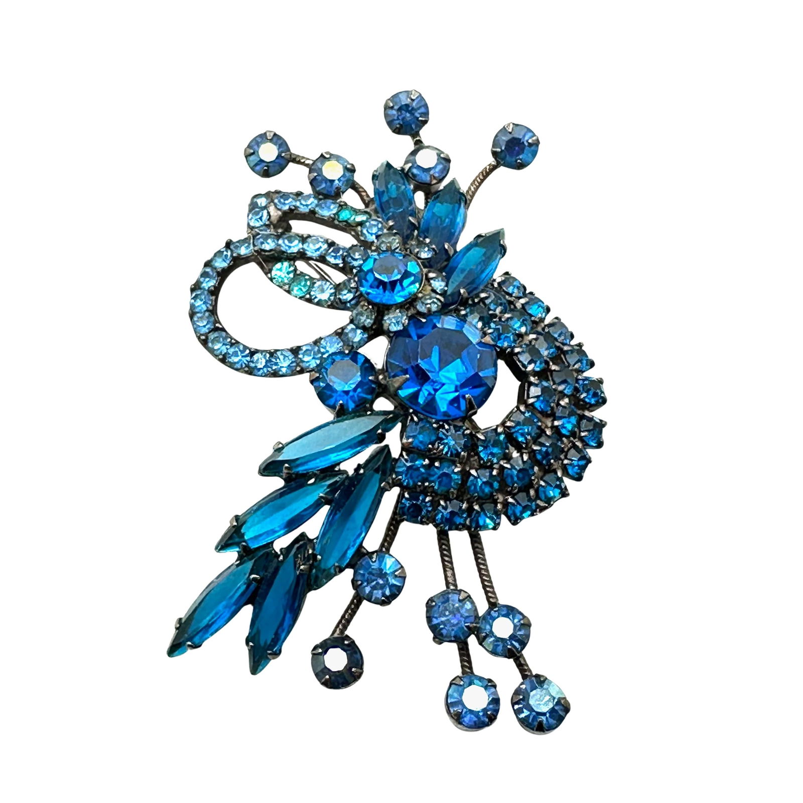 Vintage Blue Glass Rhinestone Black Japanned Brooch Pin 2.75 Inch (1 of 2)