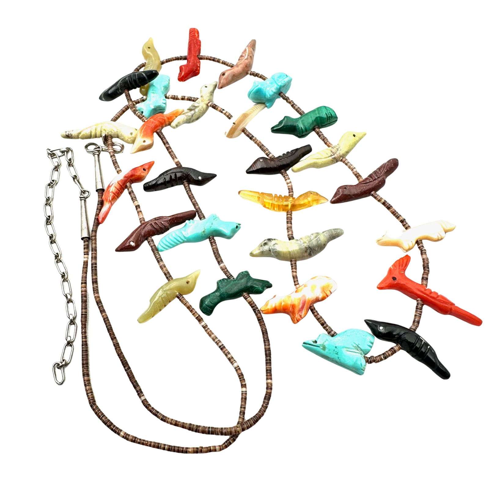 Native American Multi Gemstone Carved Fetish Animal Sterling Silver Necklace 28 Inch (1 of 1)