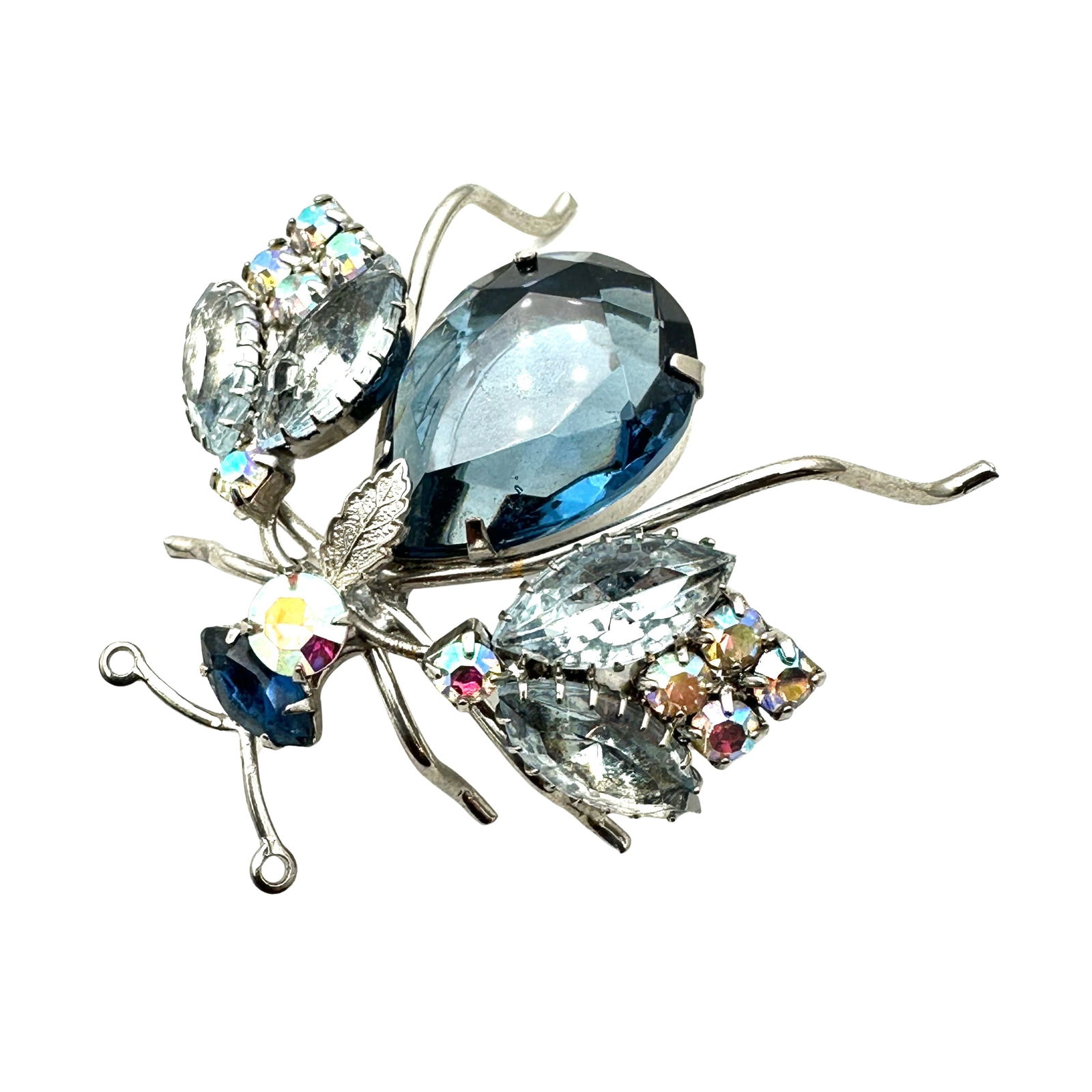 Vintage Blue Glass Aurora Borealis Rhinestone Bug Brooch Pin Silver Tone 2.25 Inch (1 of 2)