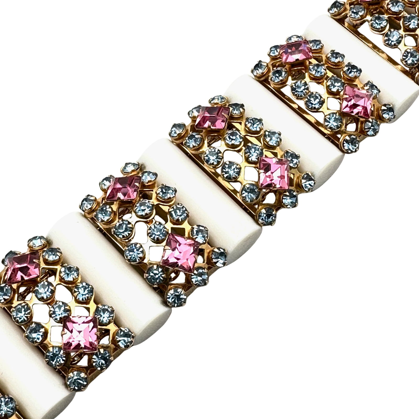 Stunning Vintage Pink Blue Glass Rhinestone Gold Tone Wide Statement Bracelet 7 Inch (1 of 3)