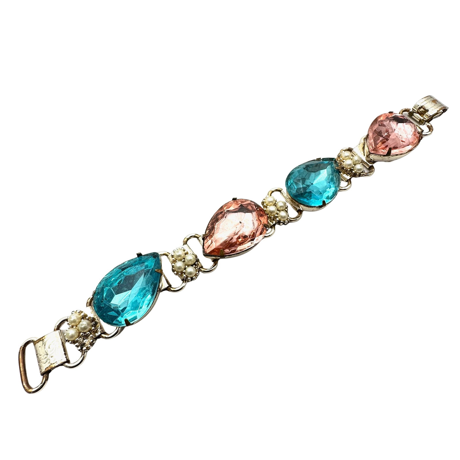Vintage Blue Pink Rhinestone Faux Pearl Gold Tone Book Chain Bracelet 7 Inch: Vintage Blue Pink Rhinestone Faux Pearl Gold Tone Book Chain Bracelet 7 Inch
