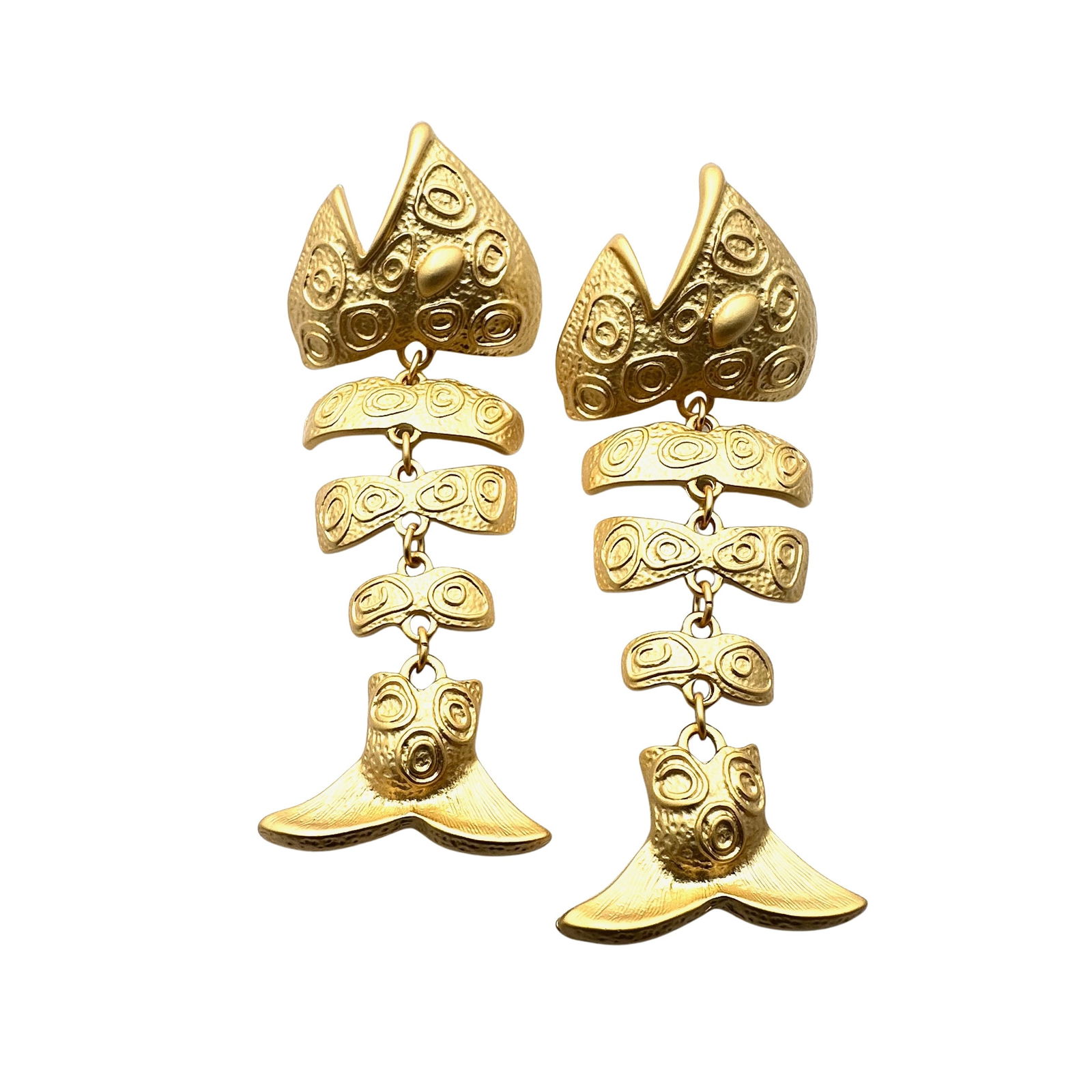 Matte Gold Tone Large Articulated Fish Pierced Earrings 3 Inch Length (1 of 2)