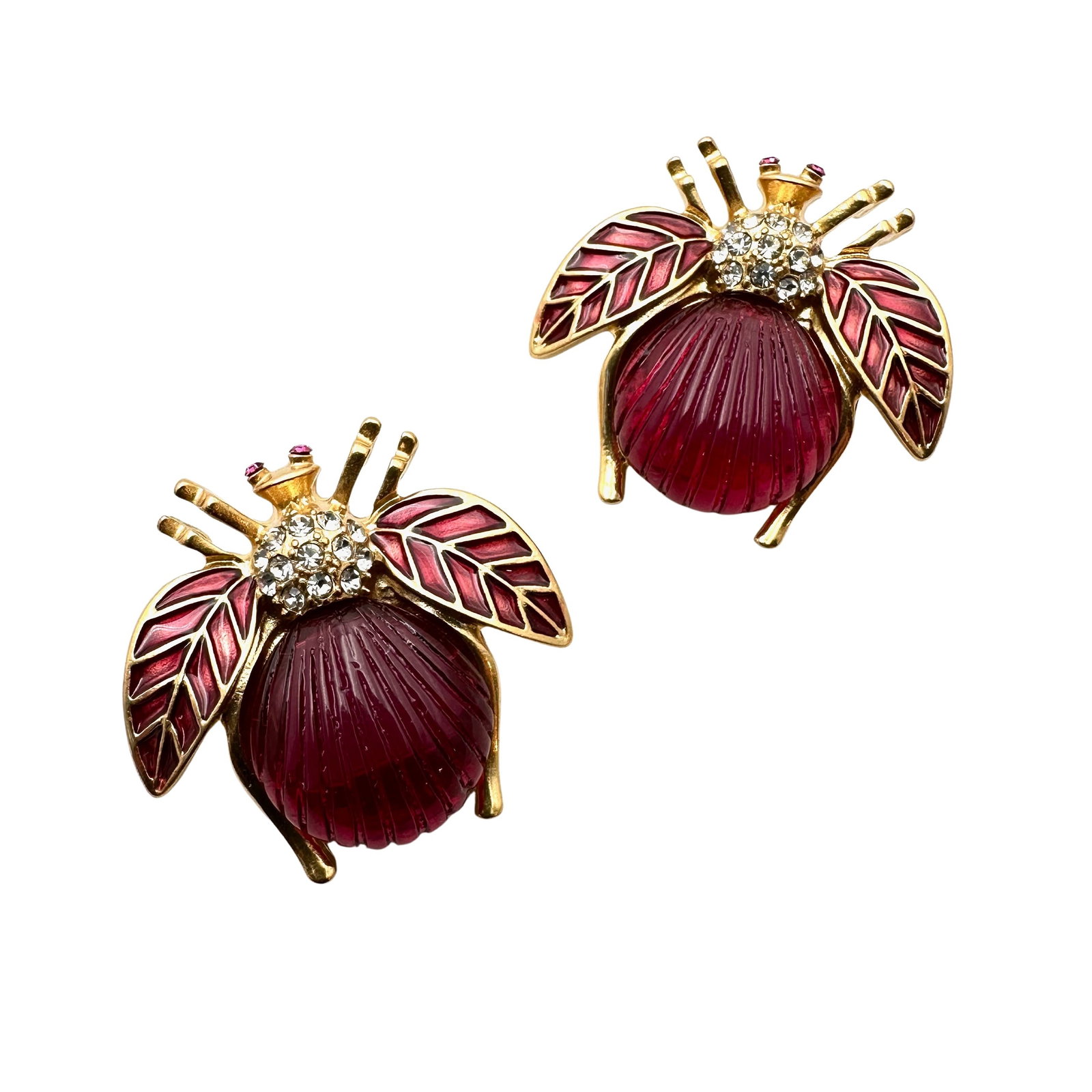 Pink Enamel Glass Rhinestone Gold Tone Bug Bee Pierced Earrings 1.5 Inch: Pink Enamel Glass Rhinestone Gold Tone Bug Bee Pierced Earrings 1.5 Inch