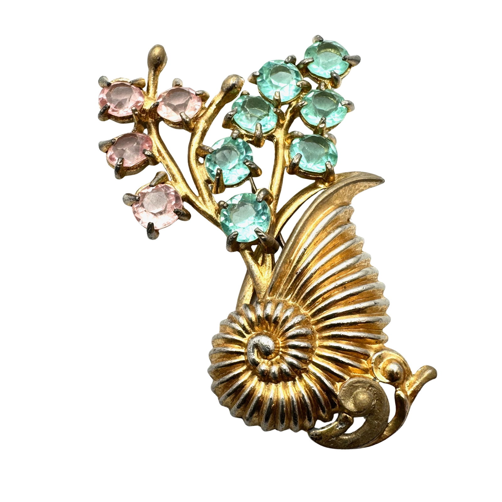 Antique 1940s Era Gold Over Silver Pot Metal Pink Blue Glass Rhinestone Brooch Pin 3 Inch: Antique 1940s Era Gold Over Silver Pot Metal Pink Blue Glass Rhinestone Brooch Pin 3 Inch
