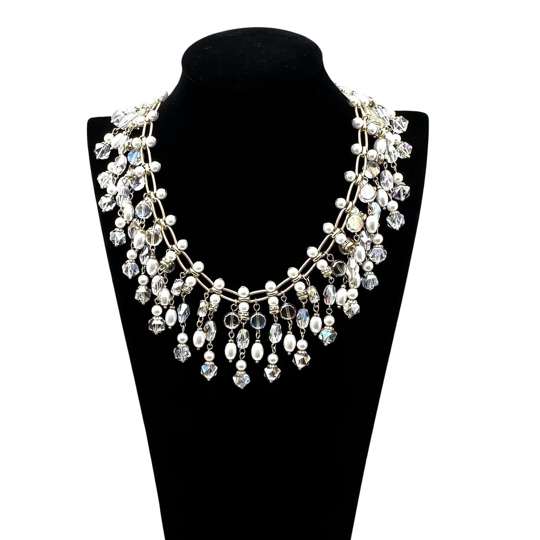Clear Crystal Bead Faux Pearl Gold Tone Bib Statement Necklace 16 Inch (1 of 2)
