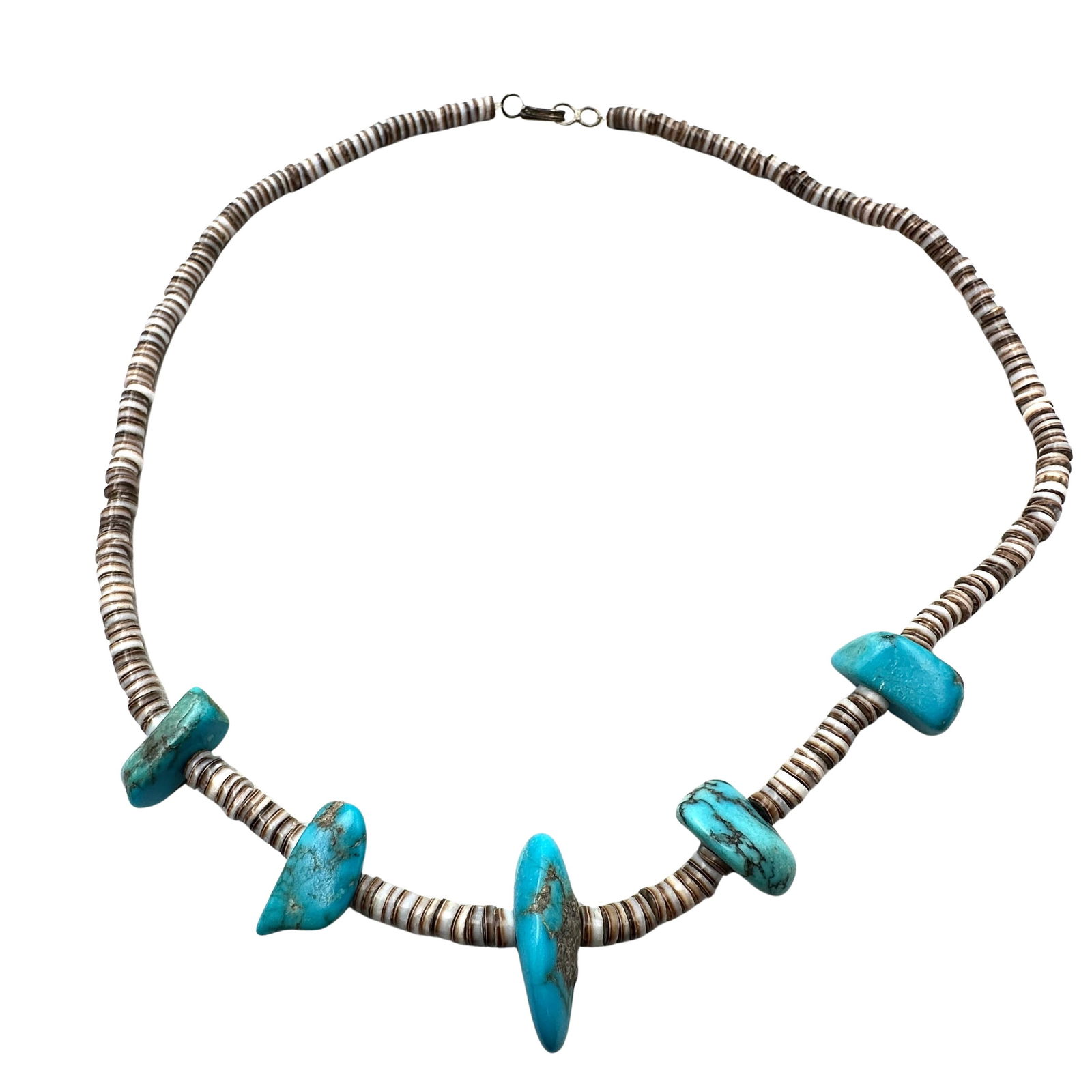 Vintage American Southwest Turquoise Heishi Shell Sterling Silver Necklace 16 Inch: Vintage American Southwest Turquoise Heishi Shell Sterling Silver Necklace 16 Inch