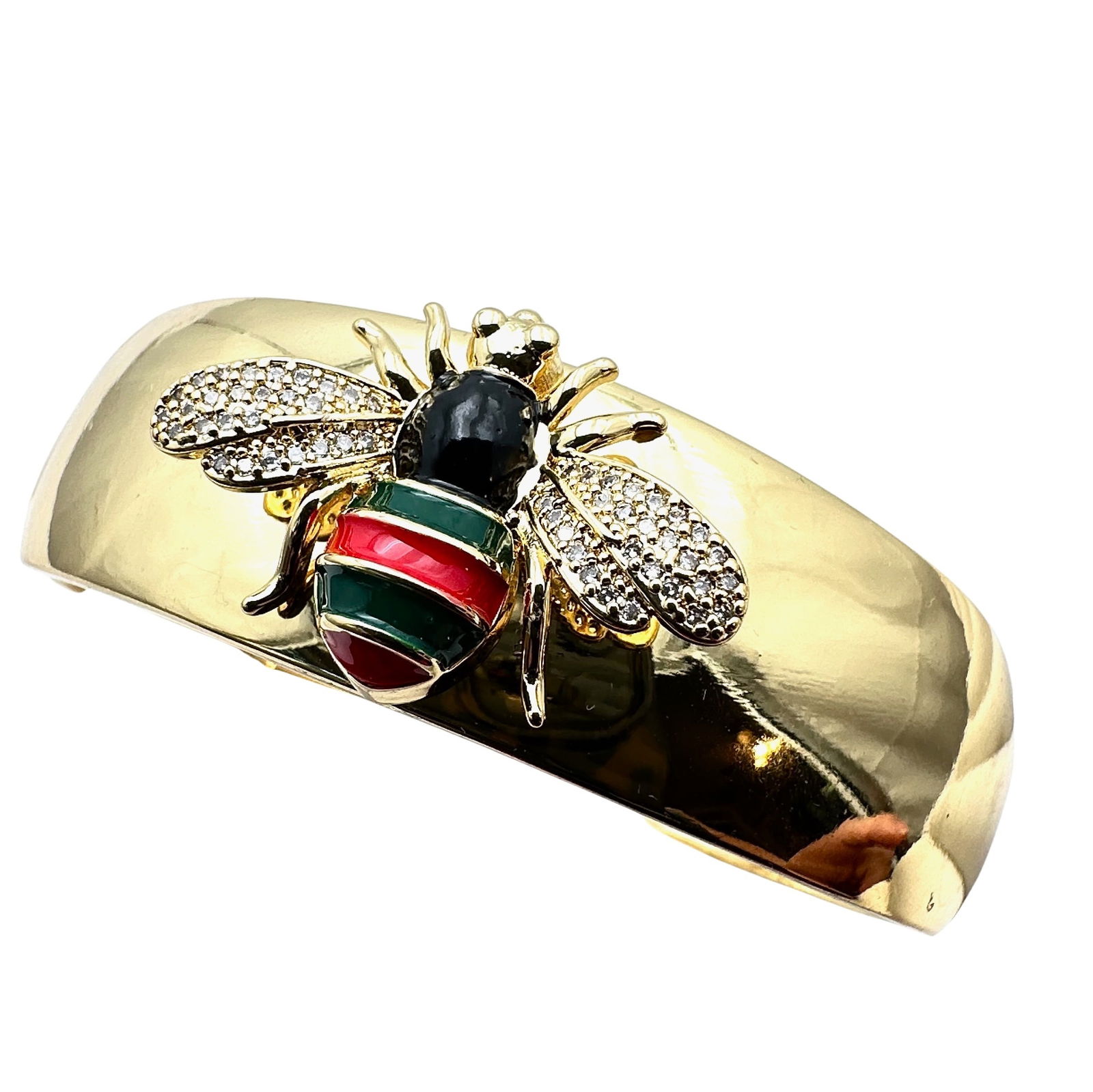 Gold Plated Red Green Black Enamel Rhinestone Bee Hinged Clamper Bracelet 6.5 Inch (1 of 2)
