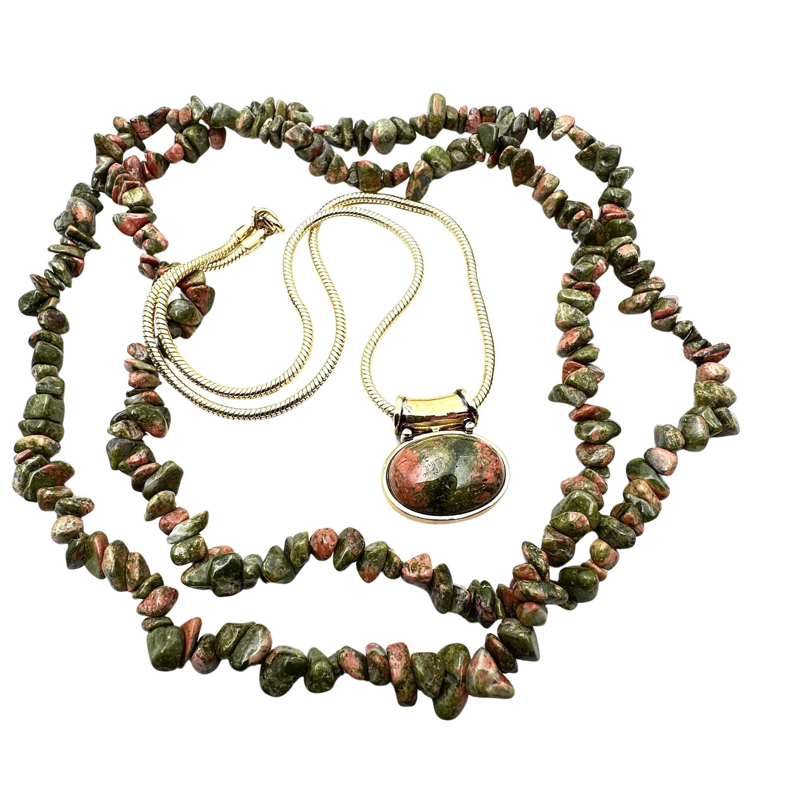 Jewelry Group Unakite Gemstone Bead Necklace & Gold Tone Pendant Necklace: Jewelry Group Unakite Gemstone Bead Necklace & Gold Tone Pendant Necklace