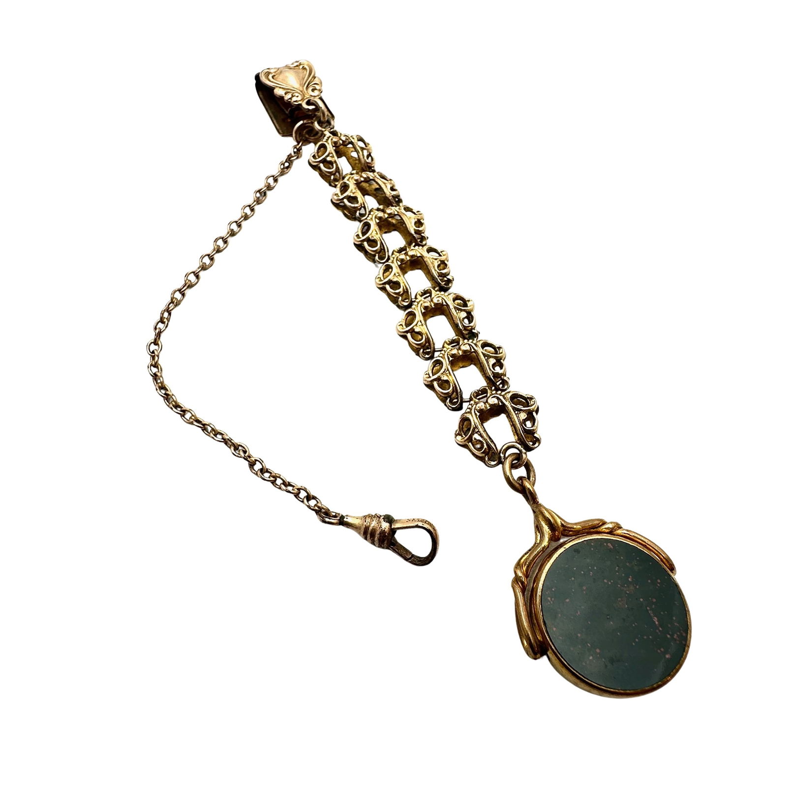 Antique Victorian Ornate 4 Inch Watch Chain Reversible Pendant Fob Gold Stone and Blood Stone (1 of 2)