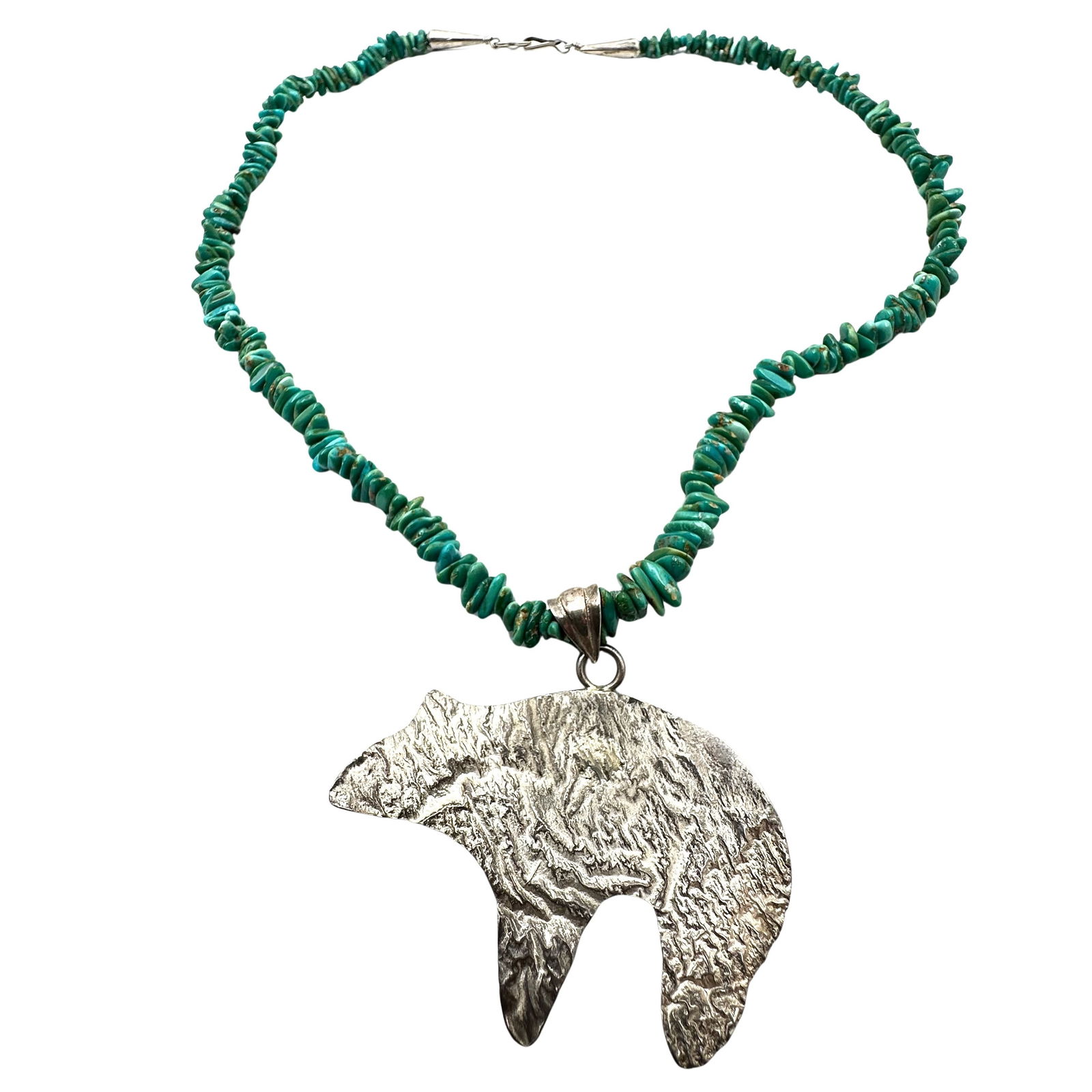 Vintage American Southwest Turquoise Sterling Silver Bear Pendant Necklace 17 Inch (1 of 2)