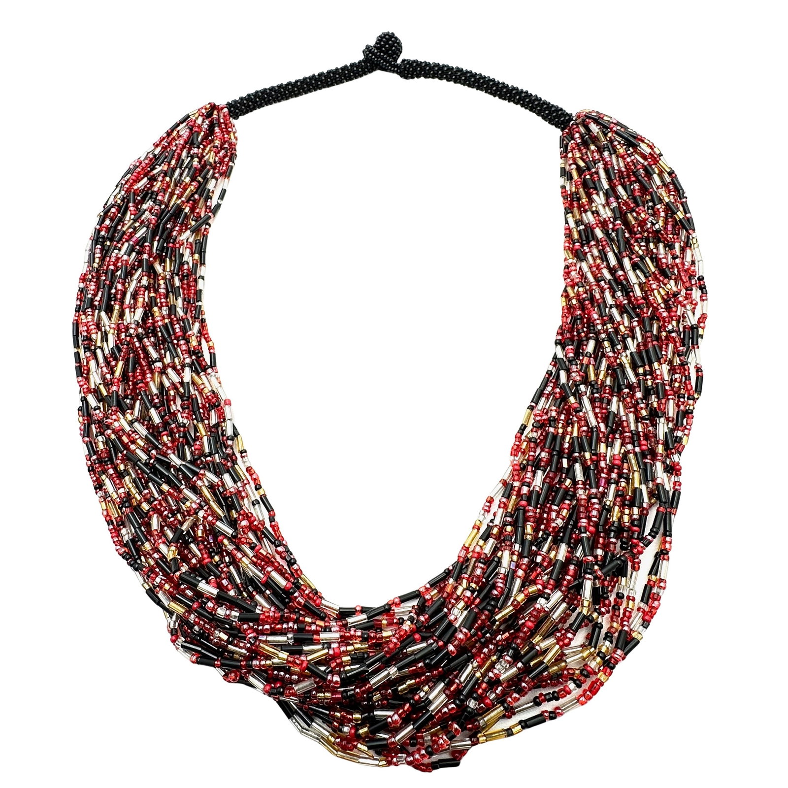 Vintage Red Gold Black Glass Bead Statement Necklace 20 Inches: Vintage Red Gold Black Glass Bead Statement Necklace 20 Inches