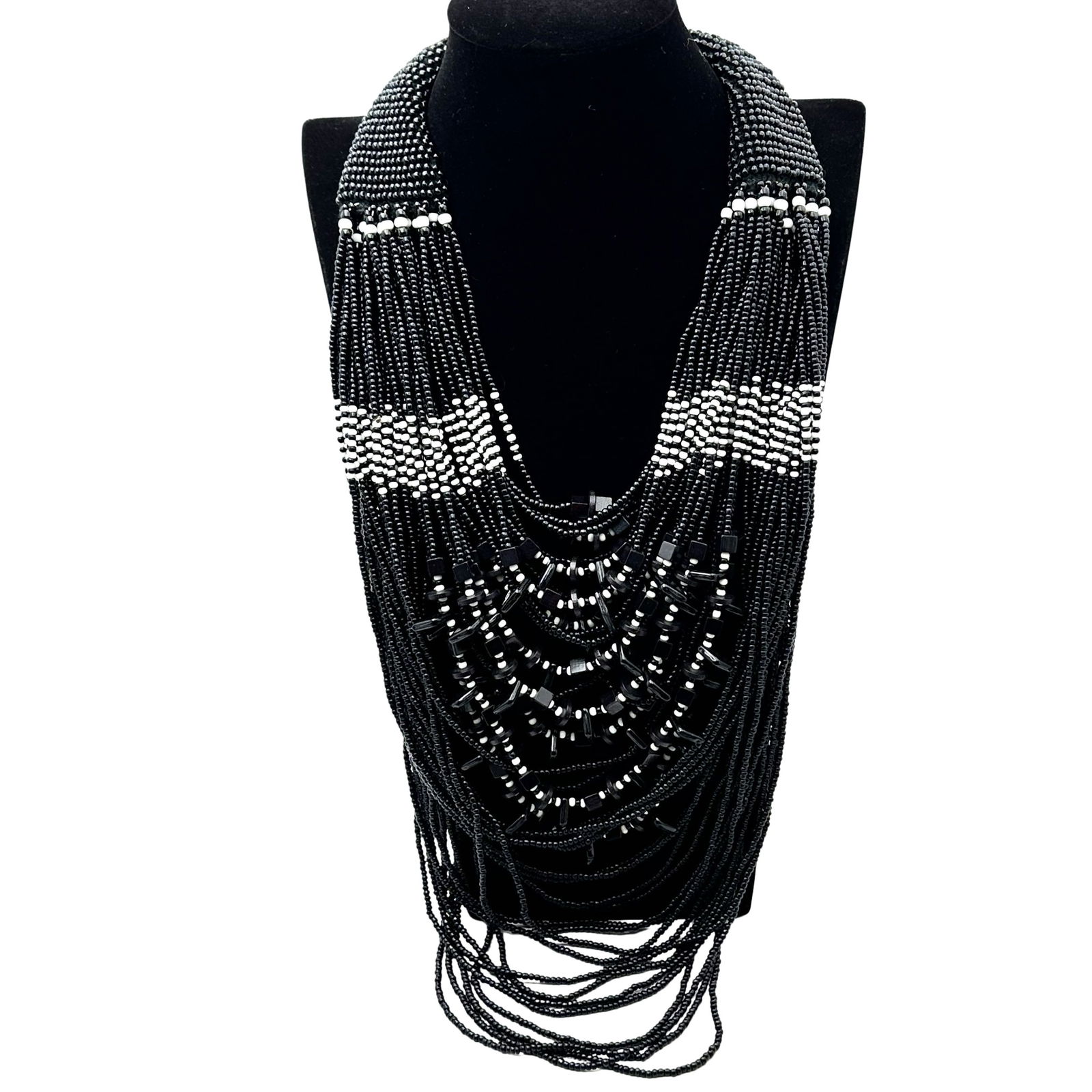 Vintage Abacus Original Black White Glass Bead Statement Necklace 20 Inch Wearable Length (1 of 4)