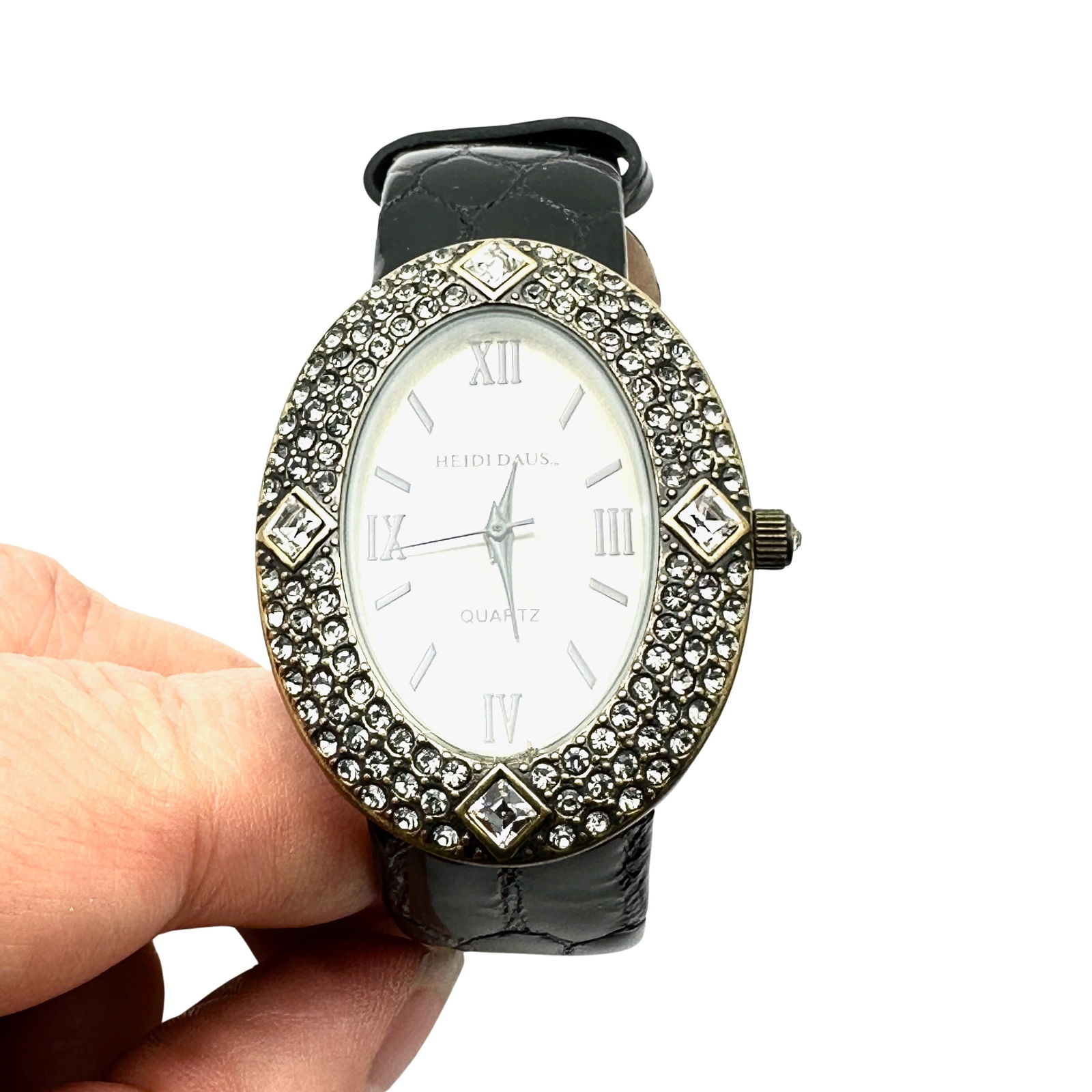 Heidi Daus Black Leather Watch Grey Clear Crystals Antiqued Gold Tone Fits up to 7.5 Inch Original (1 of 2)
