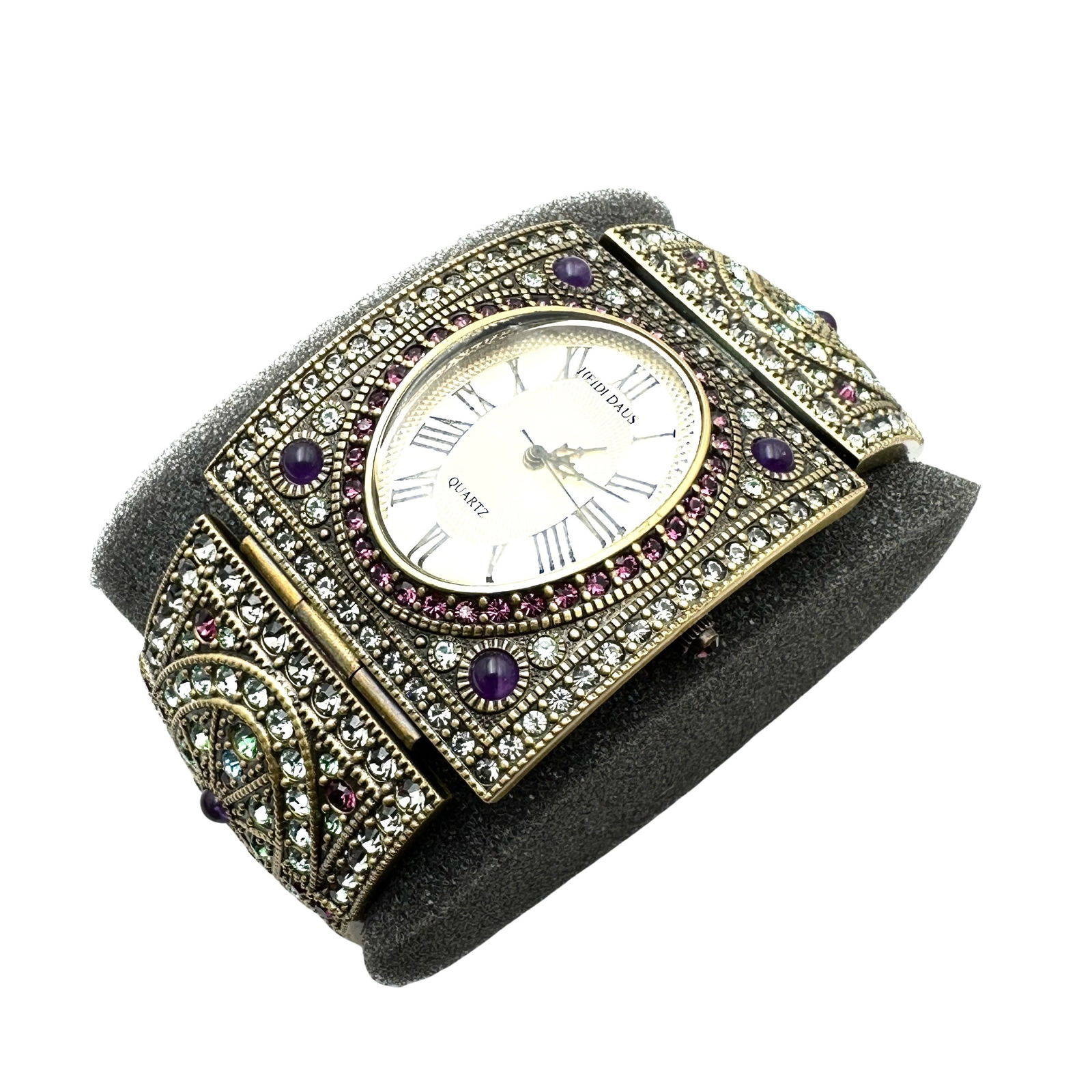 Heidi Daus Multicolor Crystal Antiqued Gold Tone Wide Statement Watch Fits Up to 8 Inch Original Box (1 of 2)