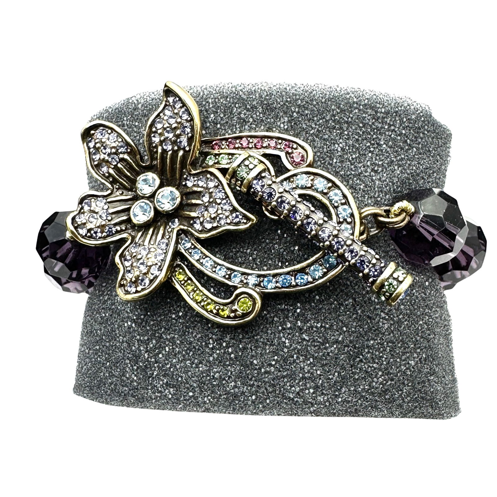 Heidi Daus Purple Glass Bead Multicolor Crystal Antiqued Gold Tone Bracelet Fits Up to 6.5 Inch (1 of 4)