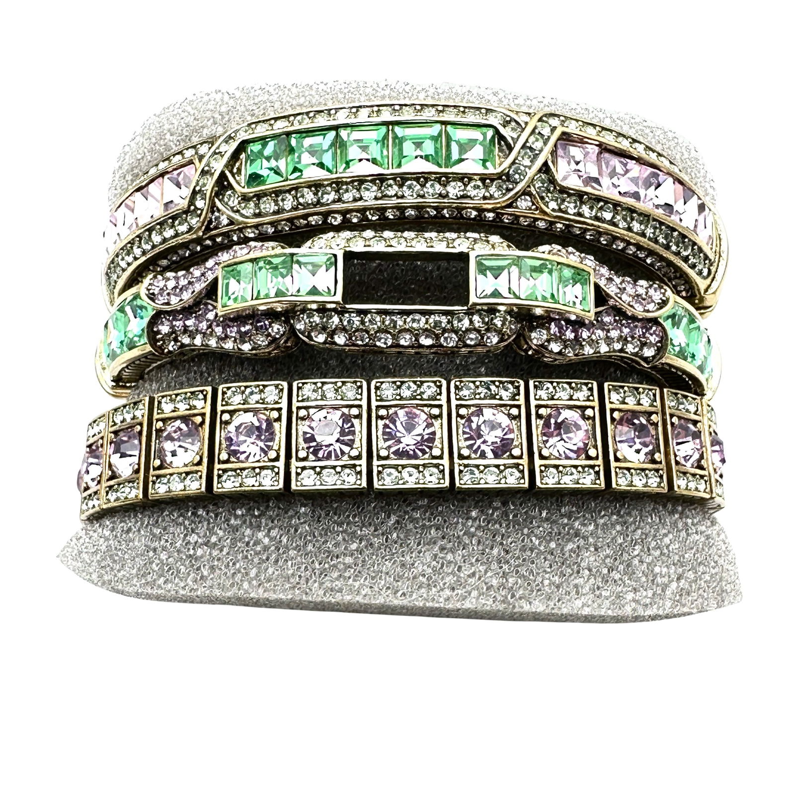 Heidi Daus Group of 3 Crystal Hinged Bangle Bracelets Pink Green 7 Inch Original Box Antiqued Gold (1 of 3)
