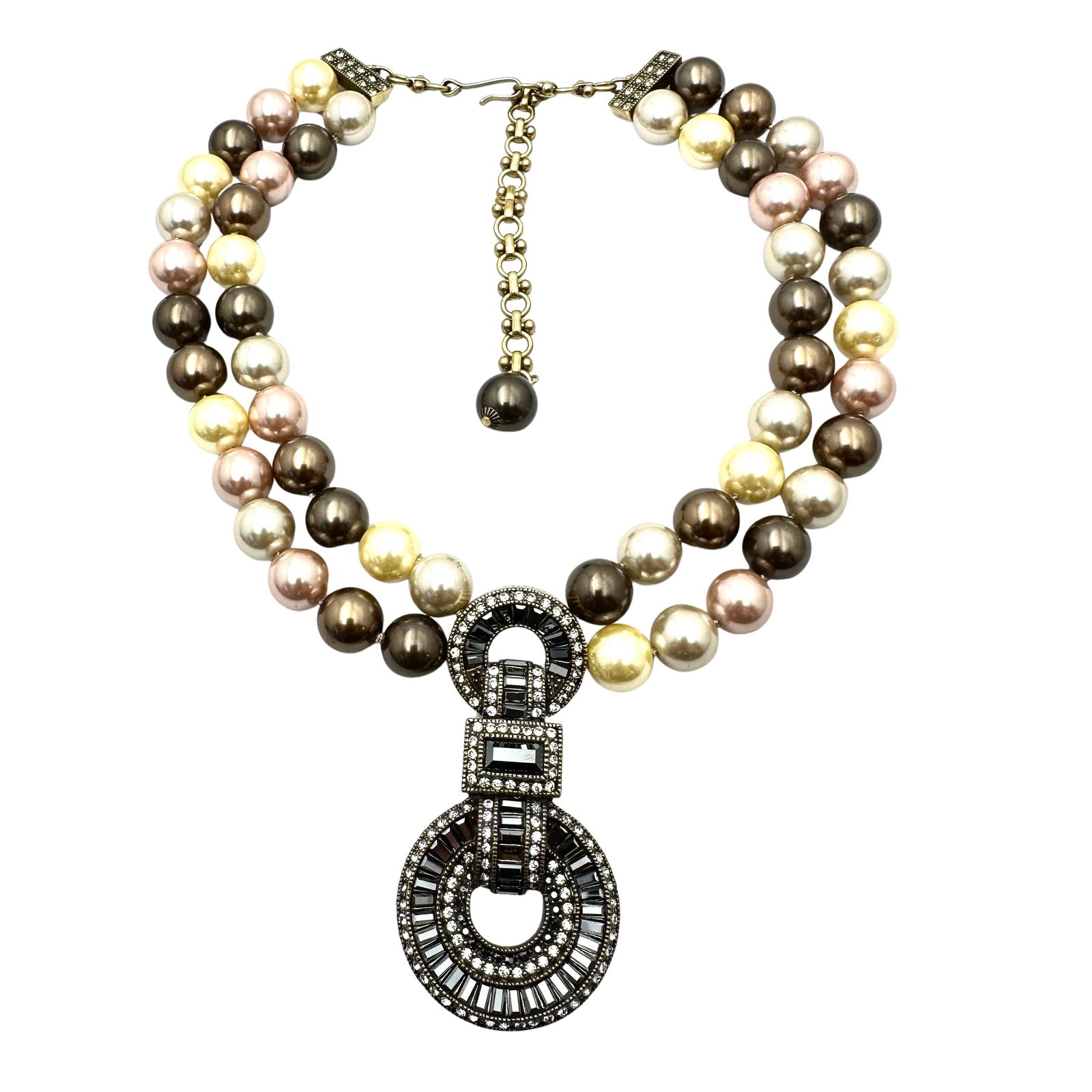 Heidi Daus Multicolor Glass Pearl Crystal Pendant Necklace Antiqued Gold Tone 16 to 18 Inch (1 of 2)