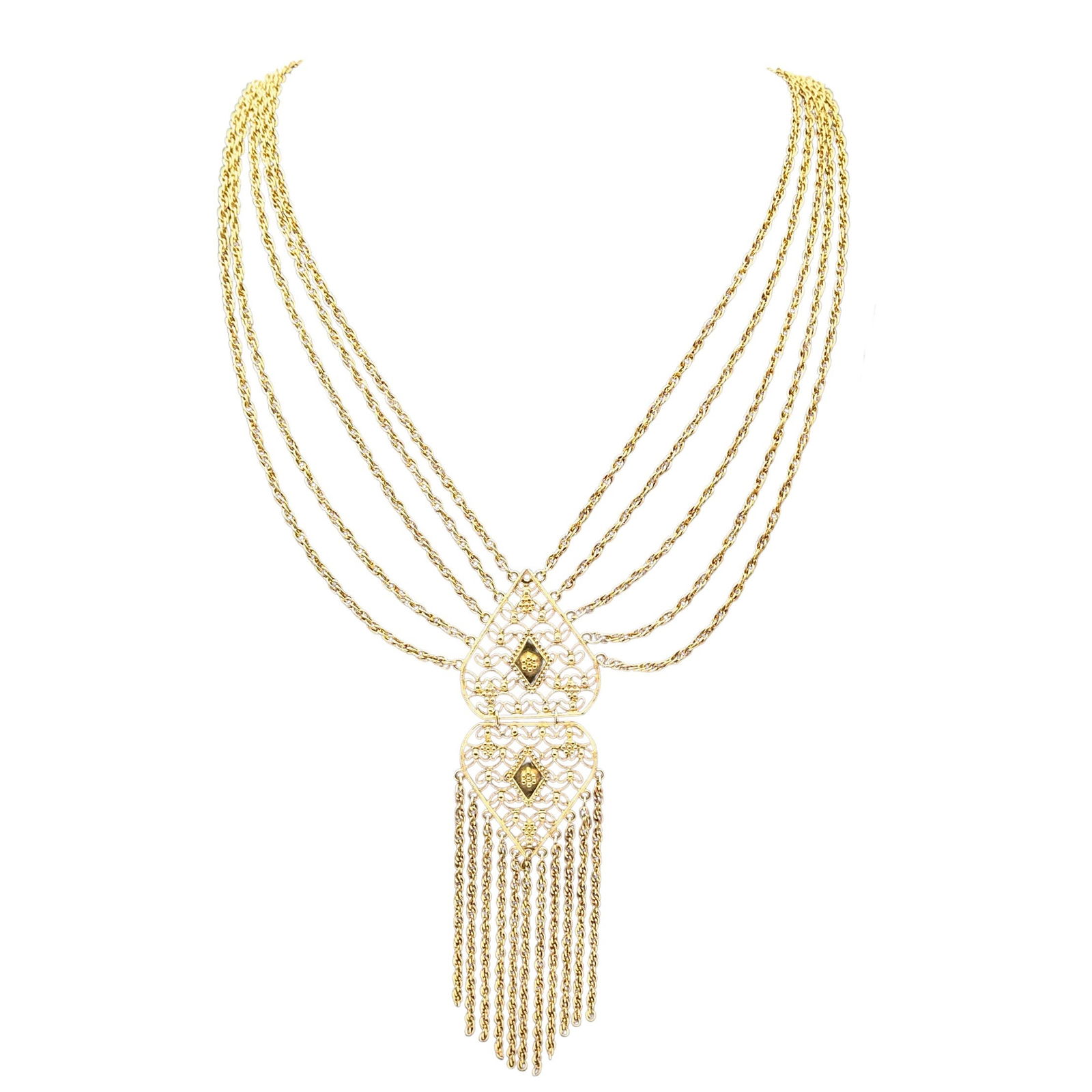 Vintage Unsigned Gold tone Filigree Waterfall Pendant Statement Necklace 18 Inch Wearable Length (1 of 2)