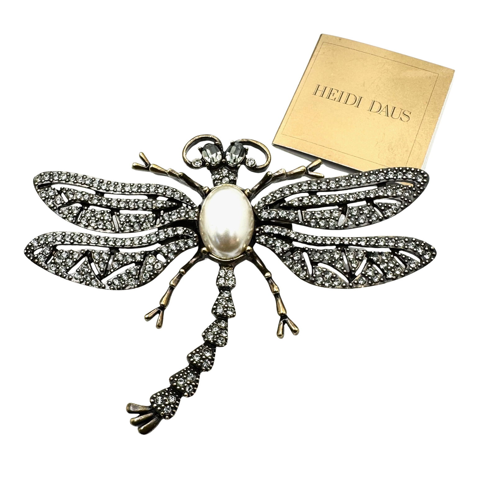Heidi Daus Crystal Dragon Fly Brooch Pin 3.5 Inch Antiqued Gold Tone Original Box (1 of 2)